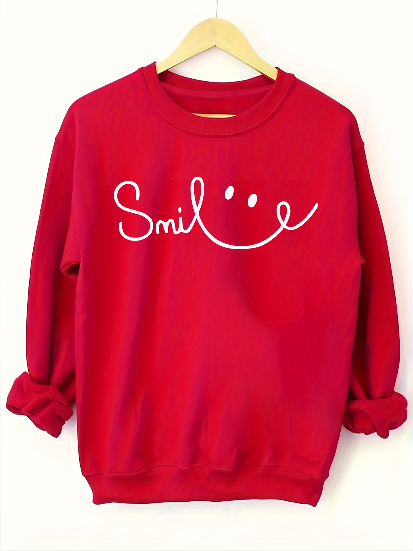 plus size smiling letter print sweatshirt casual long sleeve crew neck sweatshirt womens plus size clothing details 0