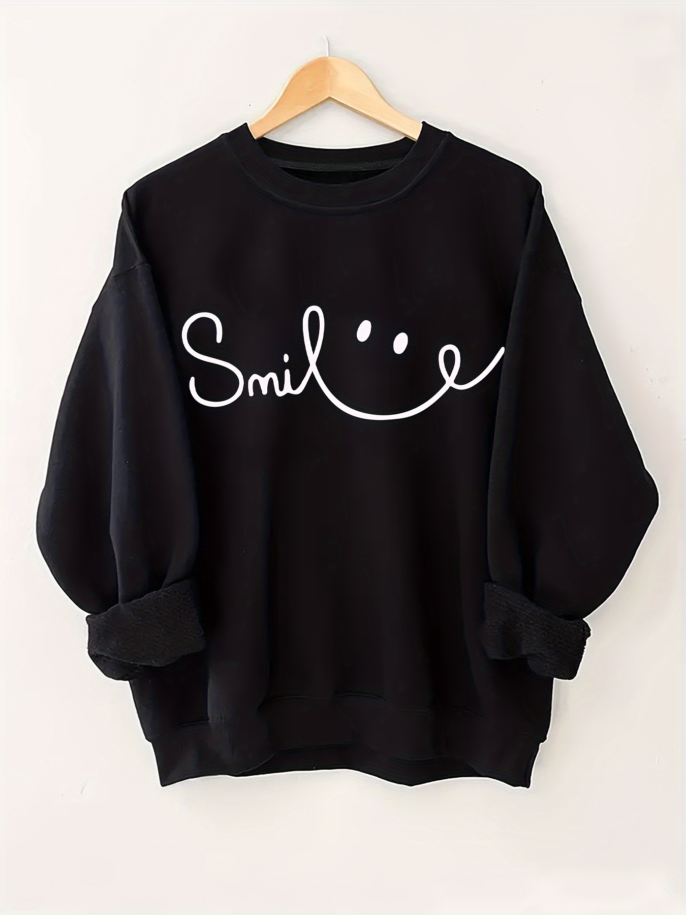 plus size smiling letter print sweatshirt casual long sleeve crew neck sweatshirt womens plus size clothing details 5