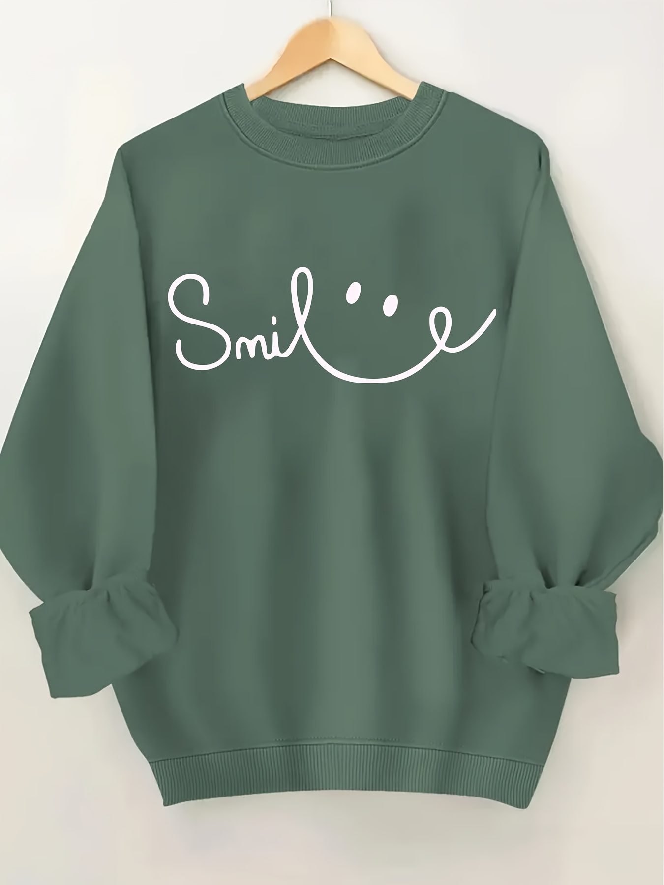 plus size smiling letter print sweatshirt casual long sleeve crew neck sweatshirt womens plus size clothing details 10