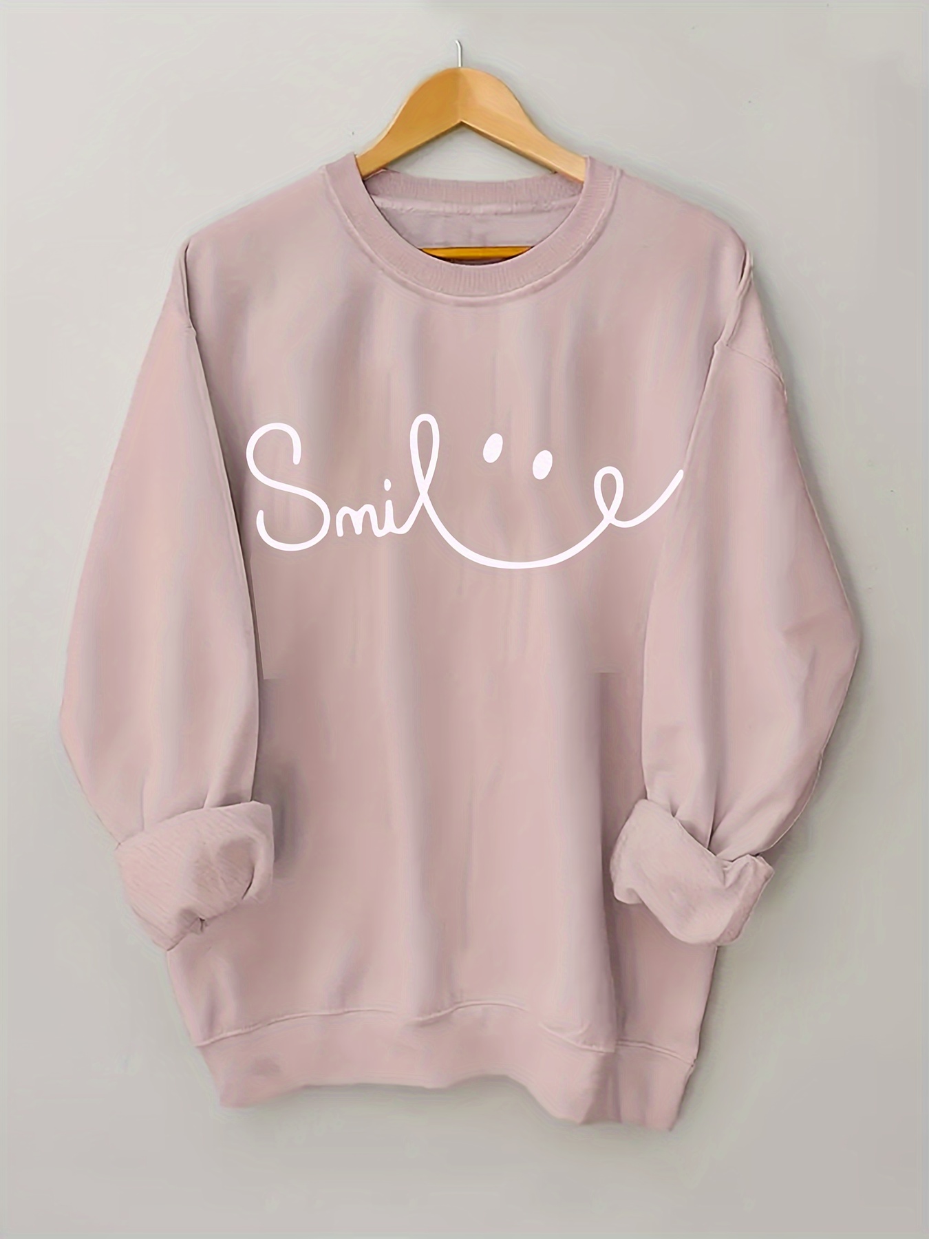 plus size smiling letter print sweatshirt casual long sleeve crew neck sweatshirt womens plus size clothing details 15