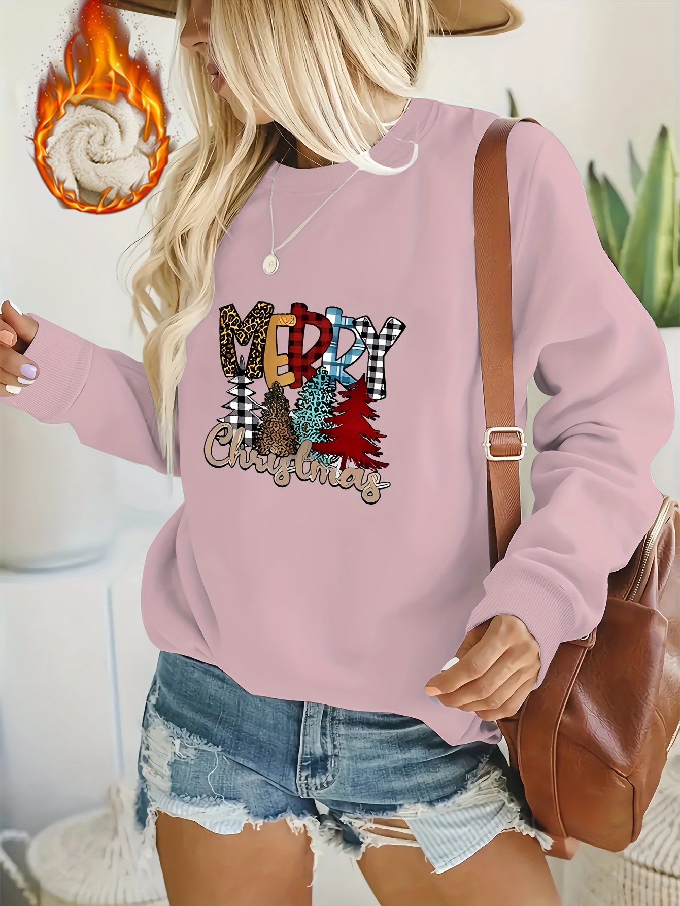 womens christmas casual sweatshirt plus size slogan tree print fleece liner long sleeve round neck sweatshirt details 5