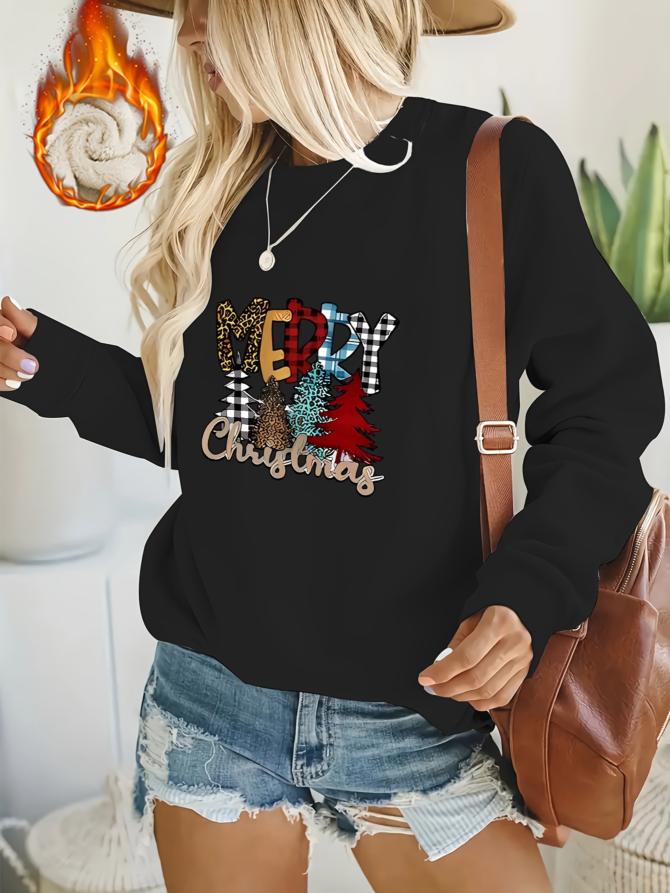 womens christmas casual sweatshirt plus size slogan tree print fleece liner long sleeve round neck sweatshirt details 13