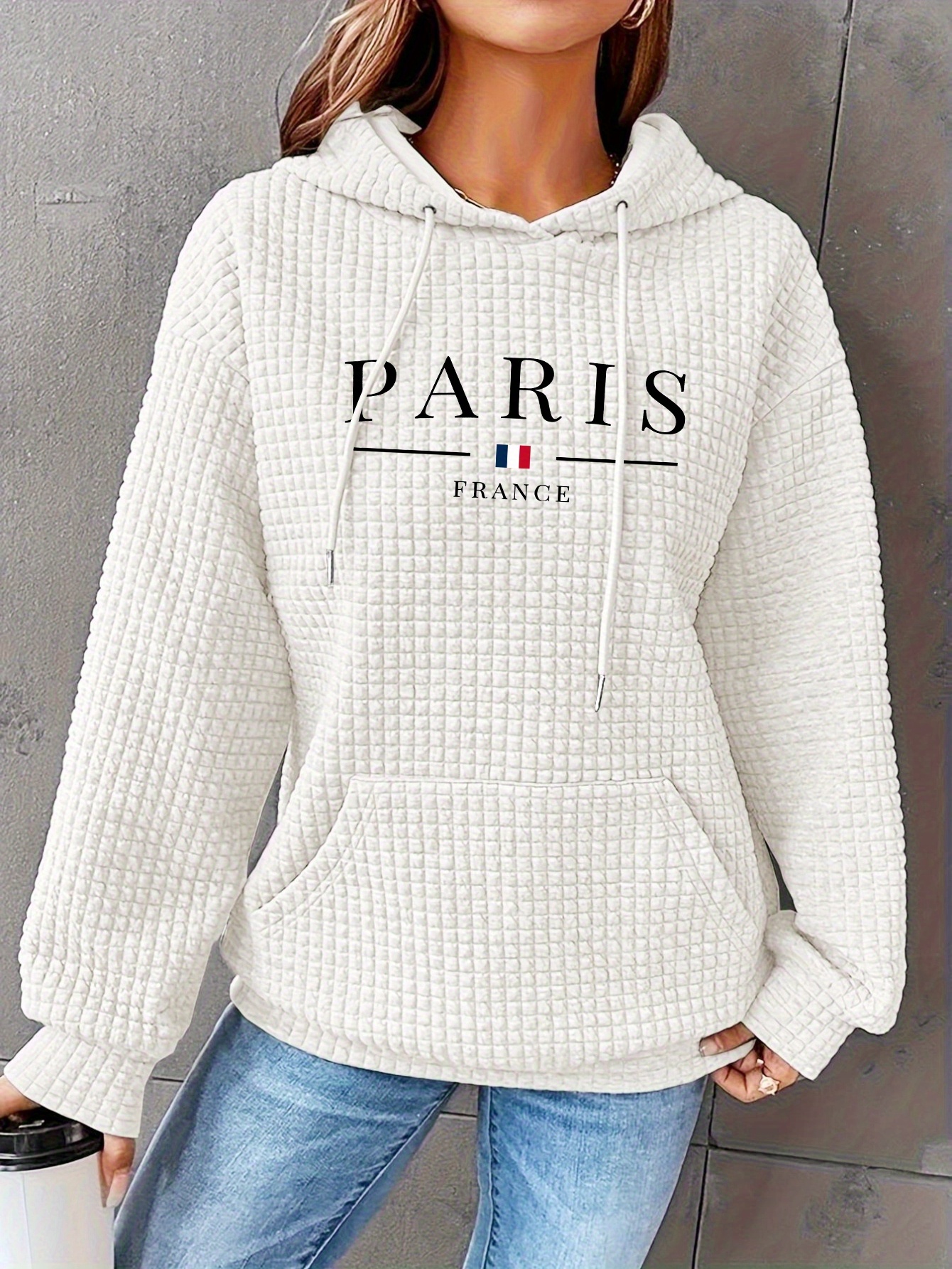 plus size letter paris print hoodie casual kangaroo pocket long sleeve hooded sweatshirt womens plus size clothing details 0