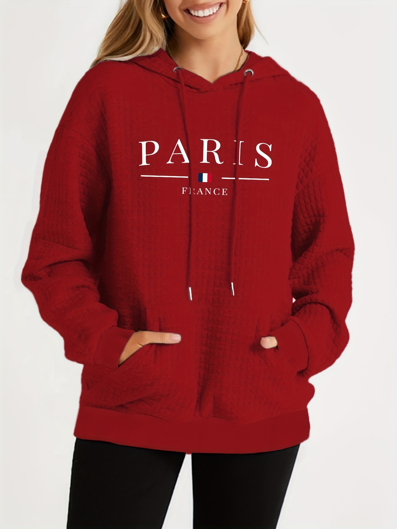 plus size letter paris print hoodie casual kangaroo pocket long sleeve hooded sweatshirt womens plus size clothing details 5