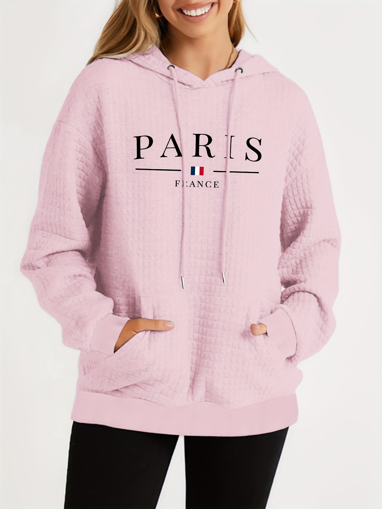 plus size letter paris print hoodie casual kangaroo pocket long sleeve hooded sweatshirt womens plus size clothing details 11