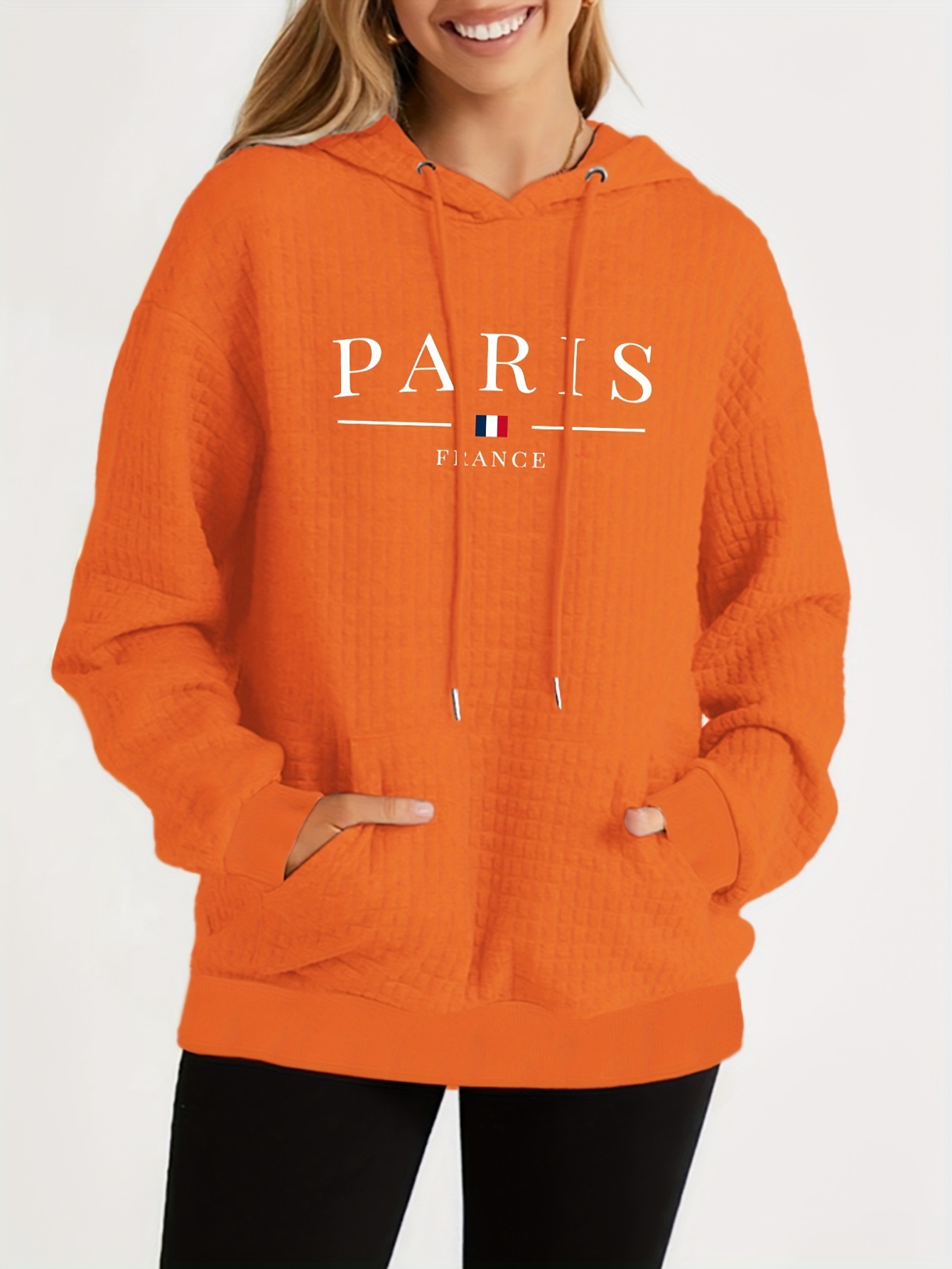 plus size letter paris print hoodie casual kangaroo pocket long sleeve hooded sweatshirt womens plus size clothing details 20