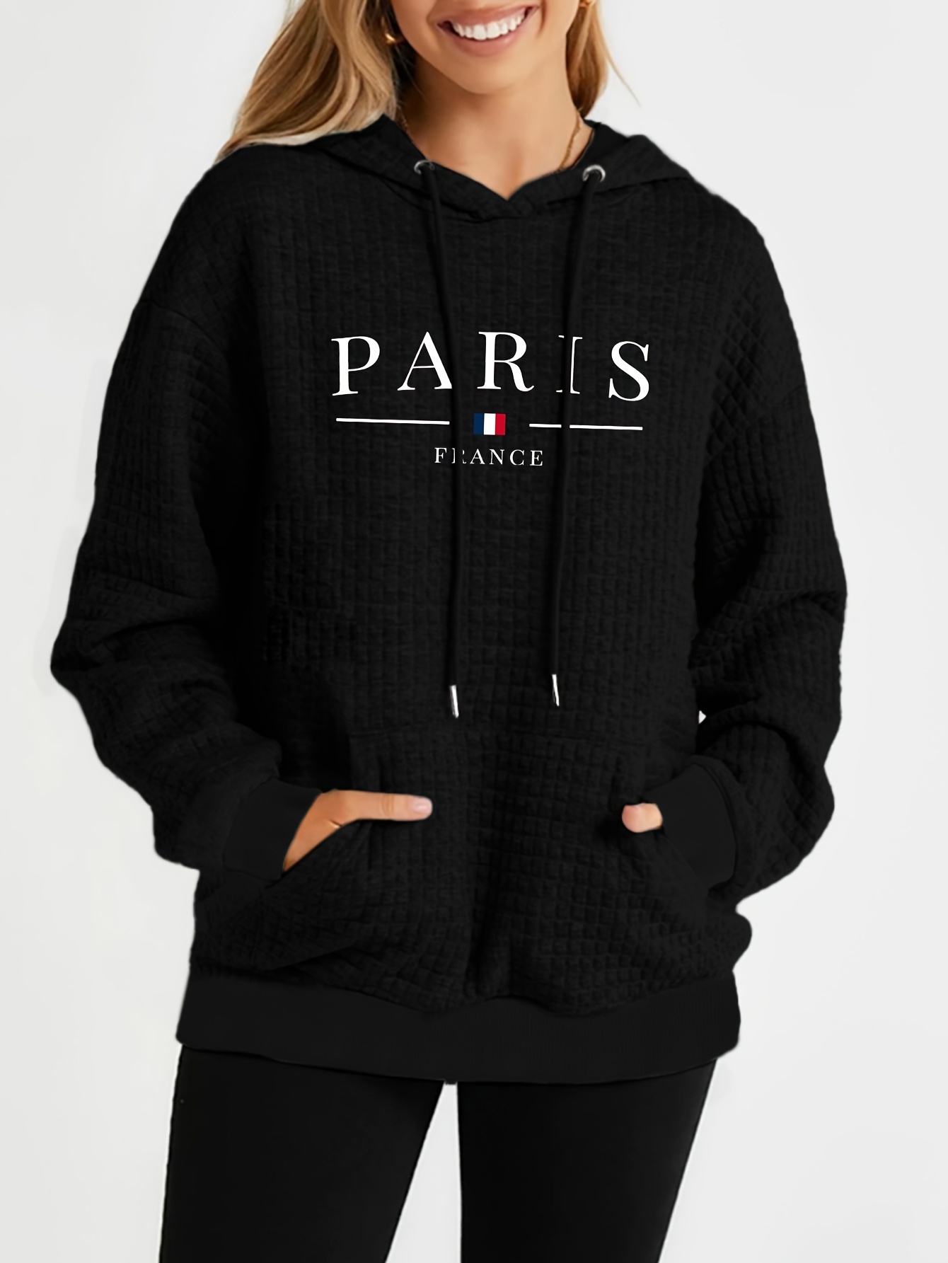 plus size letter paris print hoodie casual kangaroo pocket long sleeve hooded sweatshirt womens plus size clothing details 25