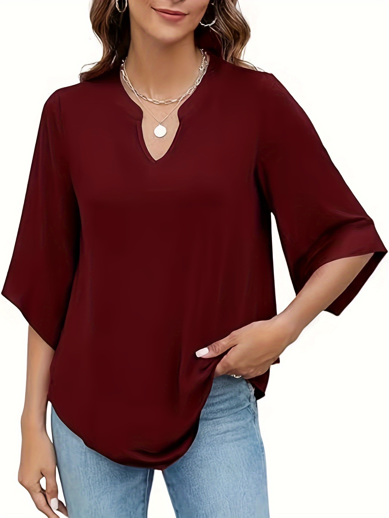 plus size solid curved hem notch neck t shirt casual half sleeve top for spring summer womens plus size clothing details 3