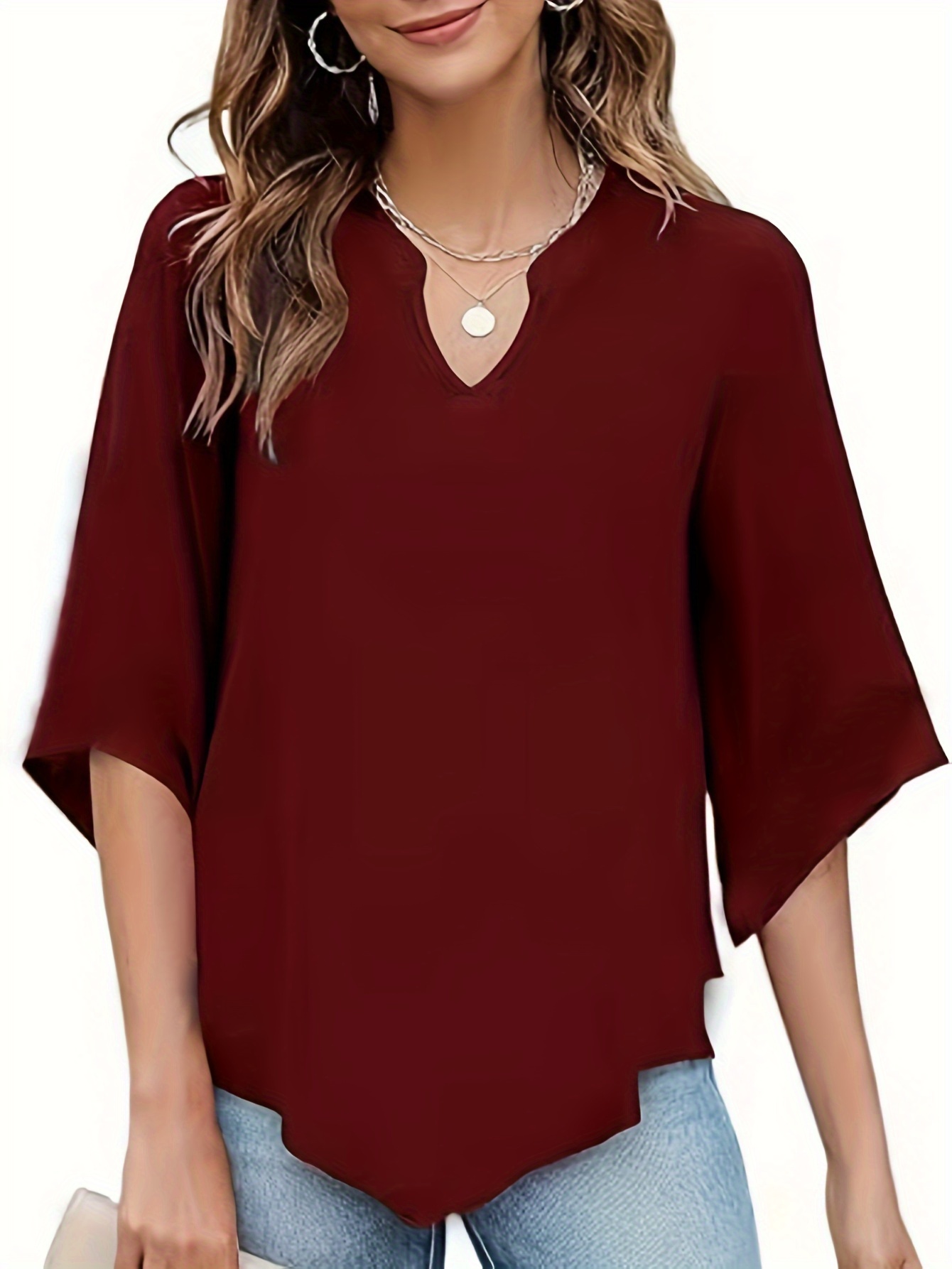 plus size solid curved hem notch neck t shirt casual half sleeve top for spring summer womens plus size clothing details 4