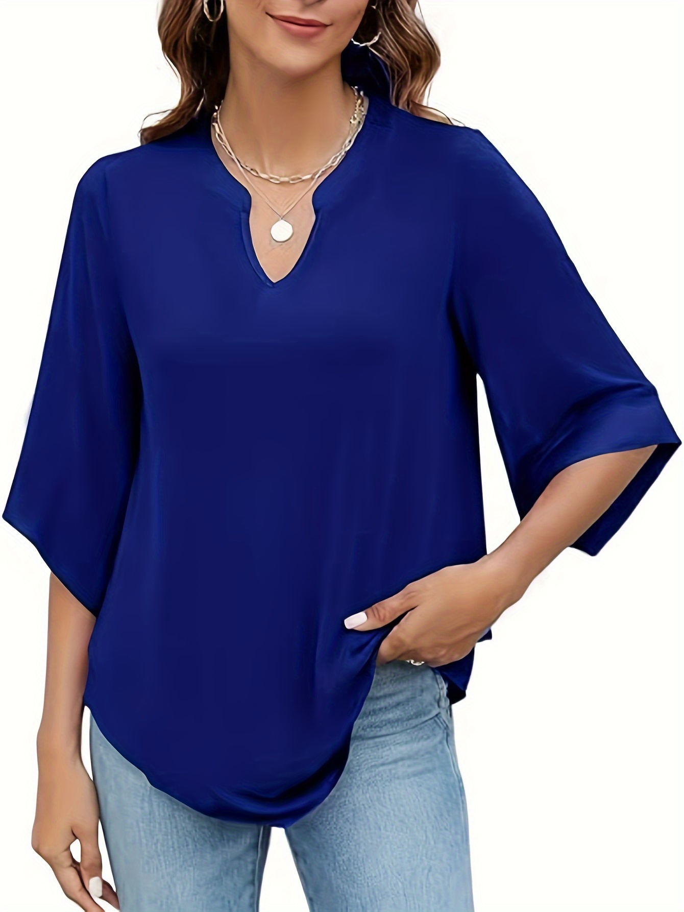 plus size solid curved hem notch neck t shirt casual half sleeve top for spring summer womens plus size clothing details 6