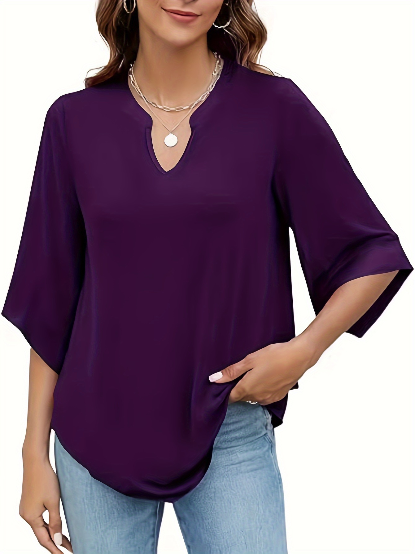 plus size solid curved hem notch neck t shirt casual half sleeve top for spring summer womens plus size clothing details 9