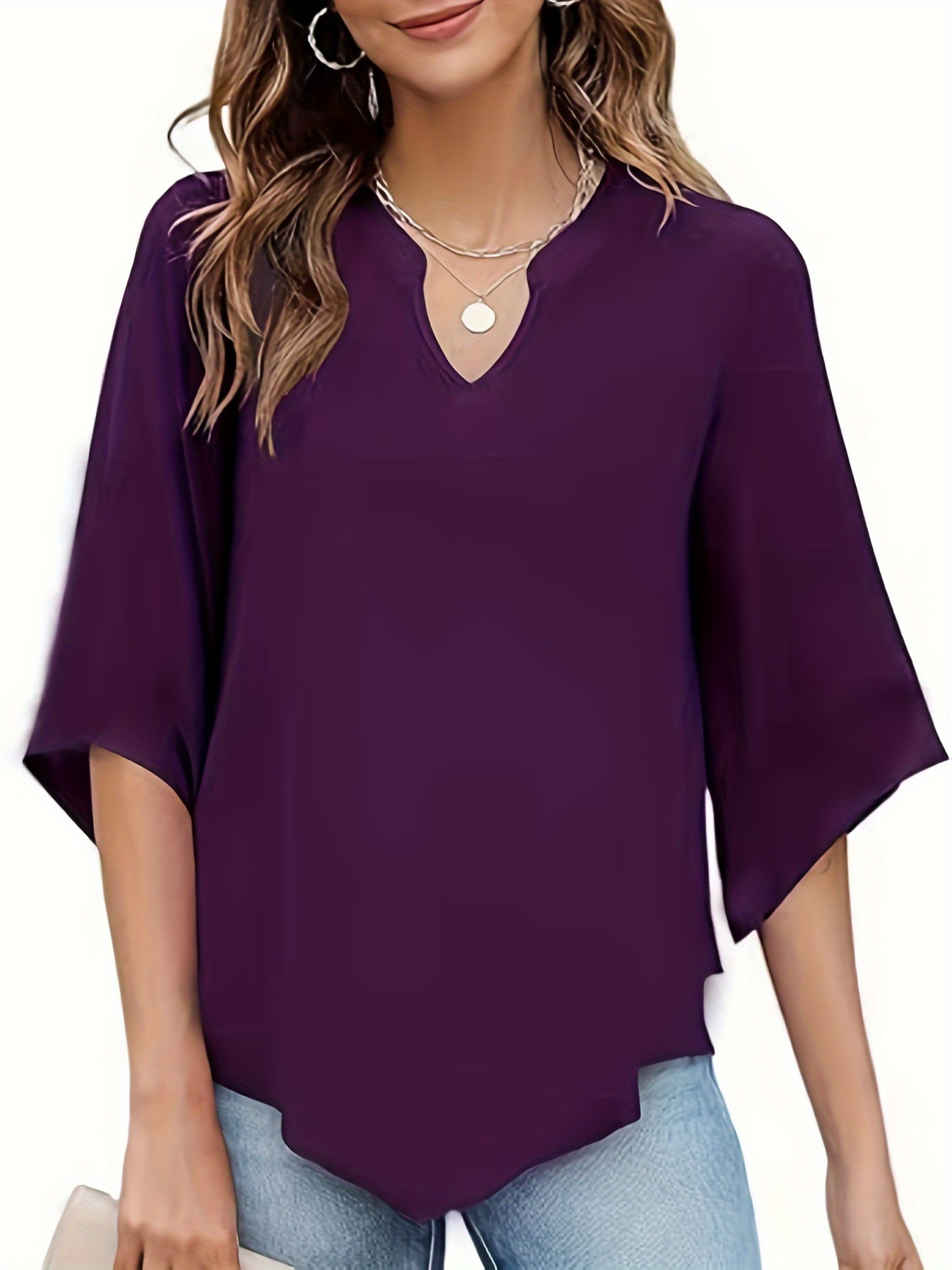 plus size solid curved hem notch neck t shirt casual half sleeve top for spring summer womens plus size clothing details 10