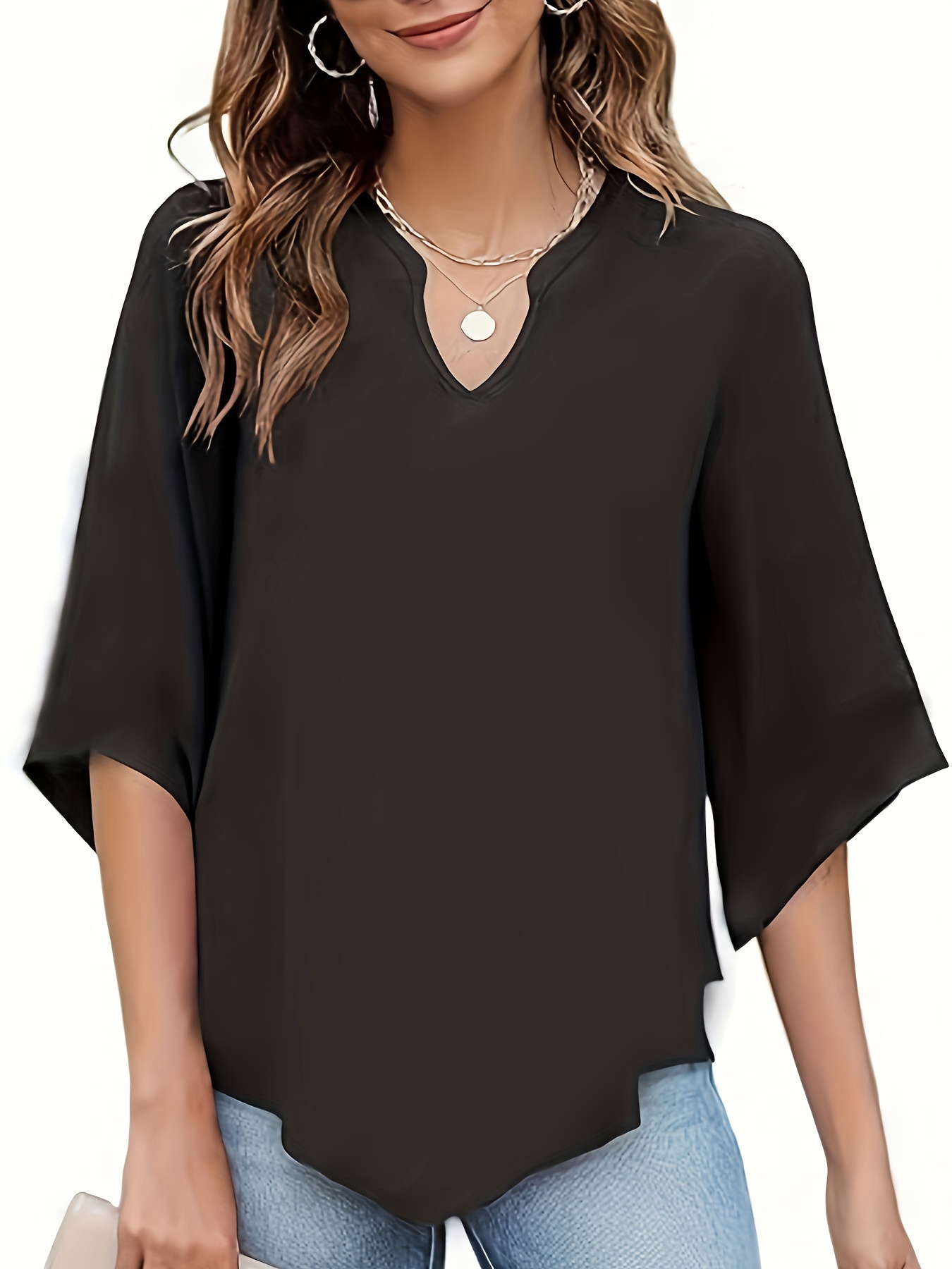 plus size solid curved hem notch neck t shirt casual half sleeve top for spring summer womens plus size clothing details 12