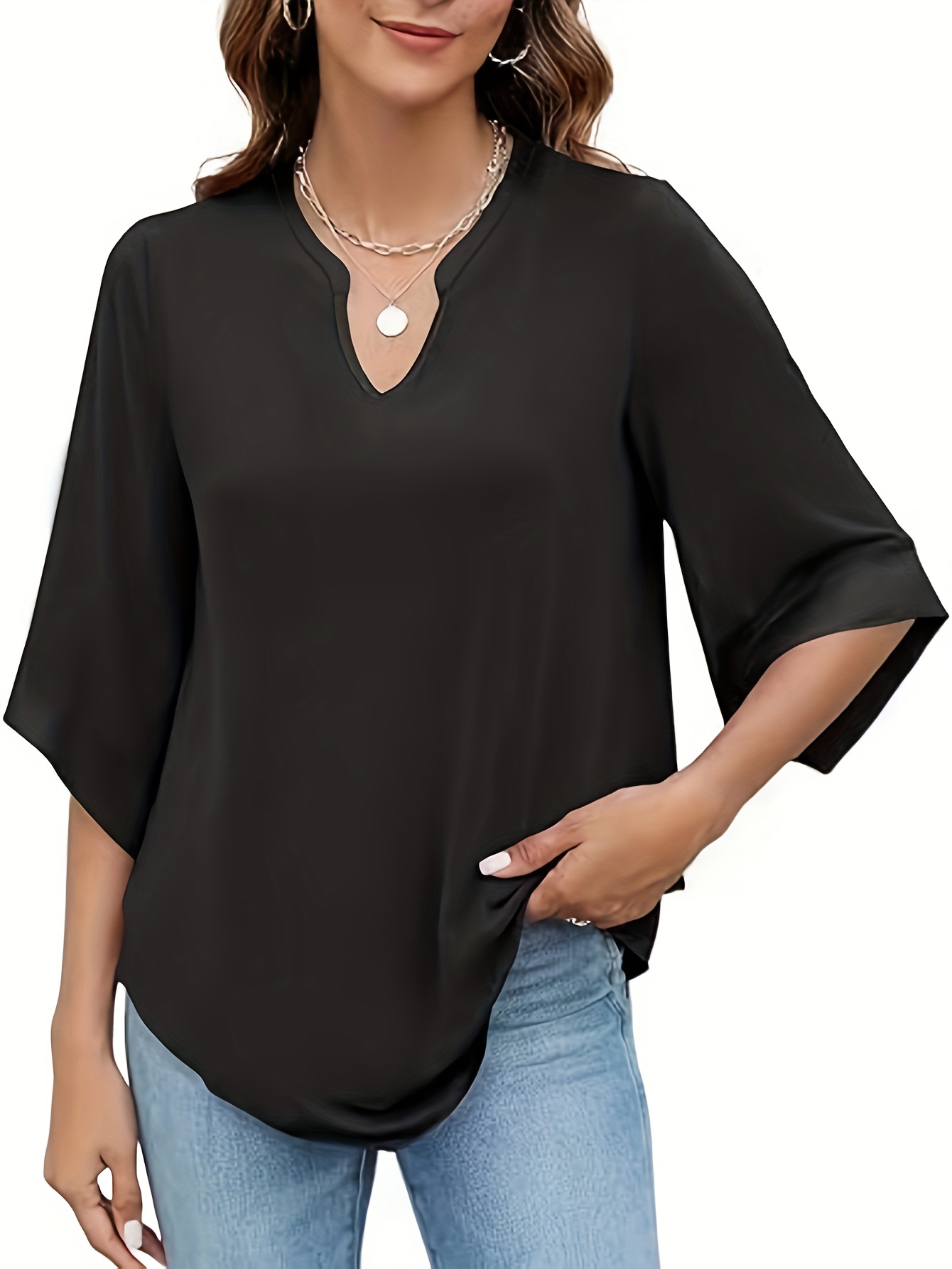 plus size solid curved hem notch neck t shirt casual half sleeve top for spring summer womens plus size clothing details 13