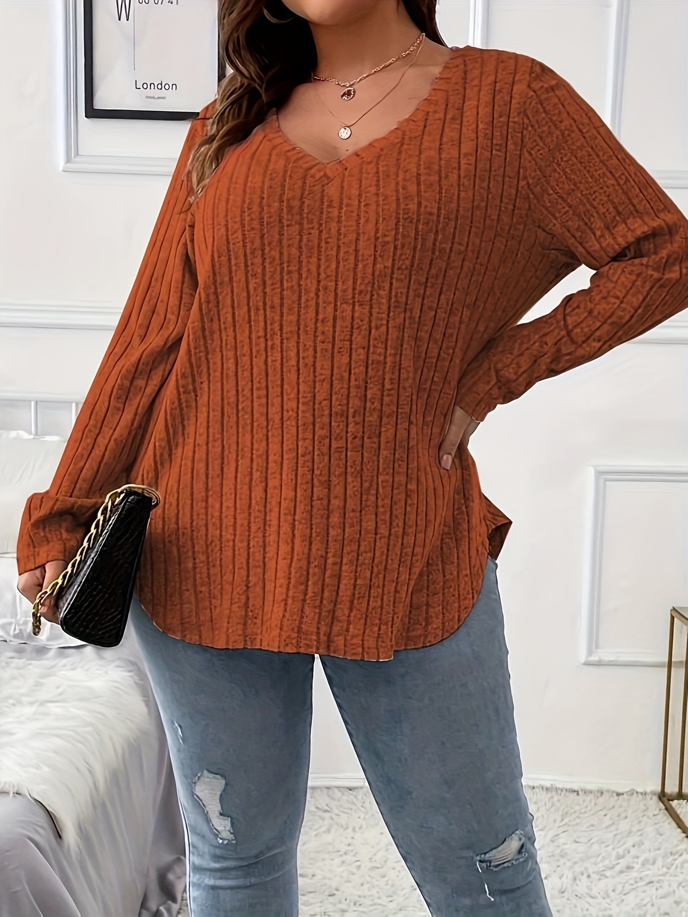 plus size casual top womens plus solid ribbed long sleeve v neck medium stretch top details 0