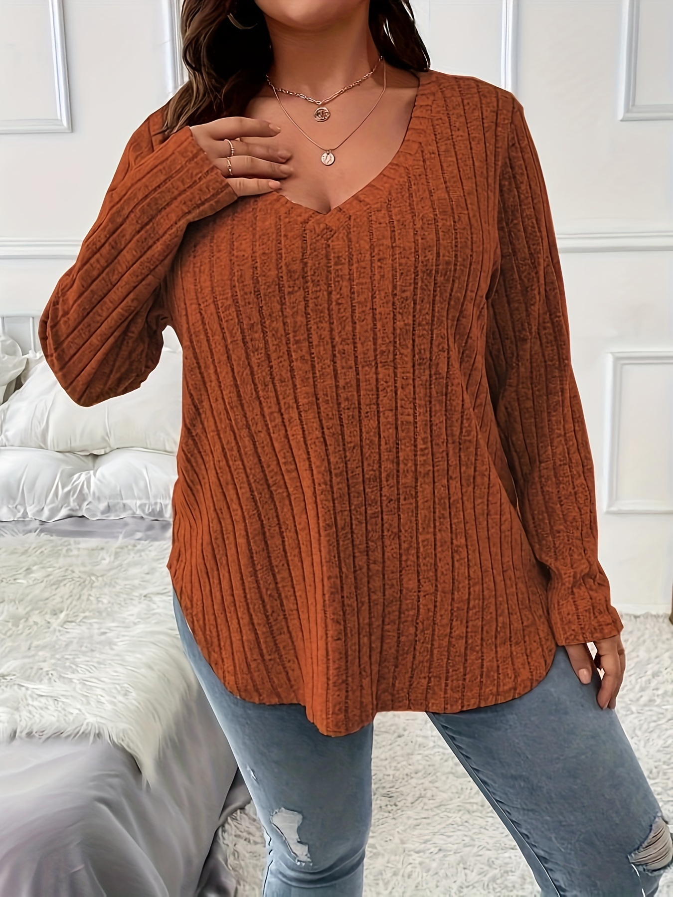 plus size casual top womens plus solid ribbed long sleeve v neck medium stretch top details 2