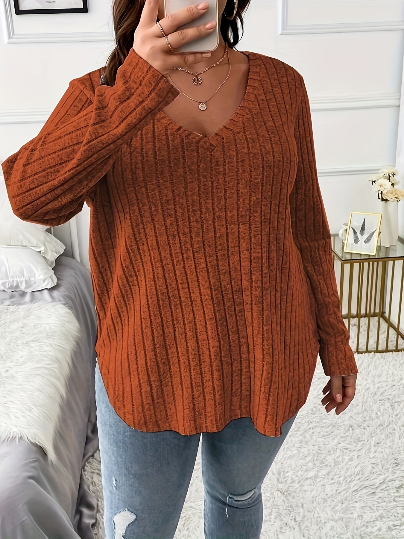 plus size casual top womens plus solid ribbed long sleeve v neck medium stretch top details 3