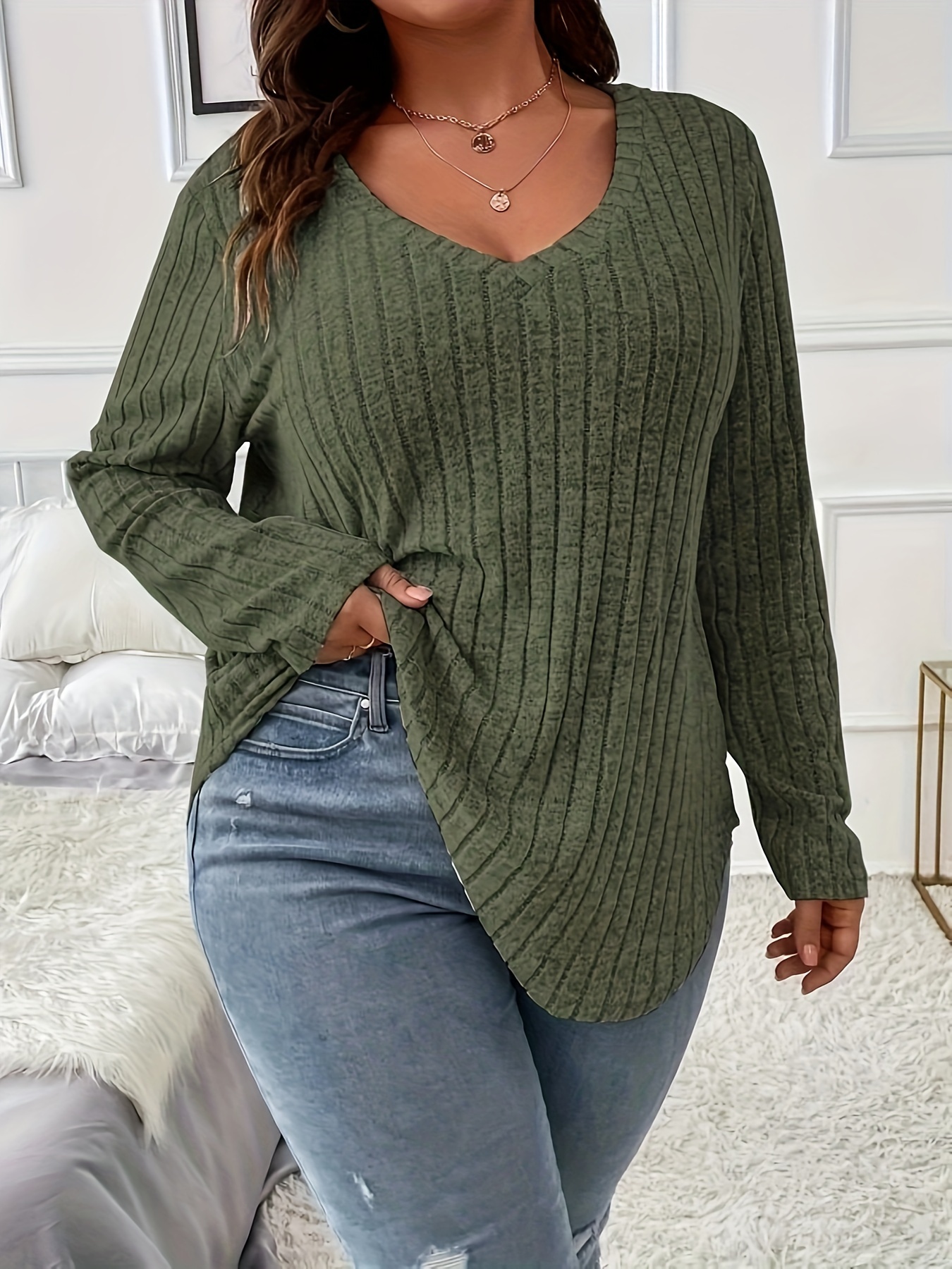 plus size casual top womens plus solid ribbed long sleeve v neck medium stretch top details 11