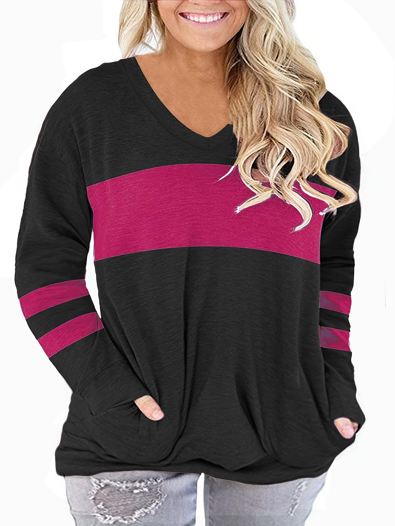 plus size casual top womens plus colorblock long sleeve v neck top with pockets details 25