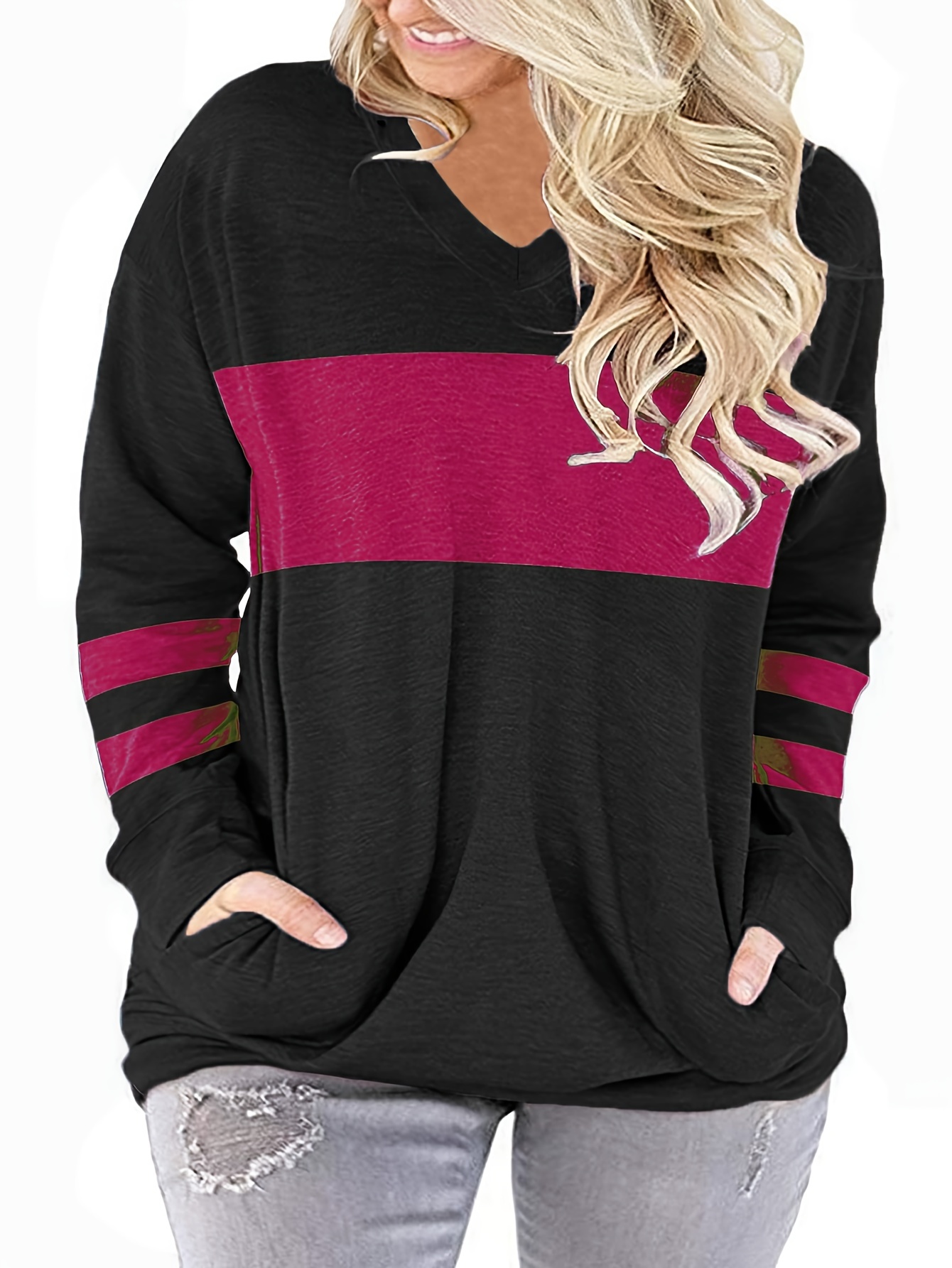 plus size casual top womens plus colorblock long sleeve v neck top with pockets details 29