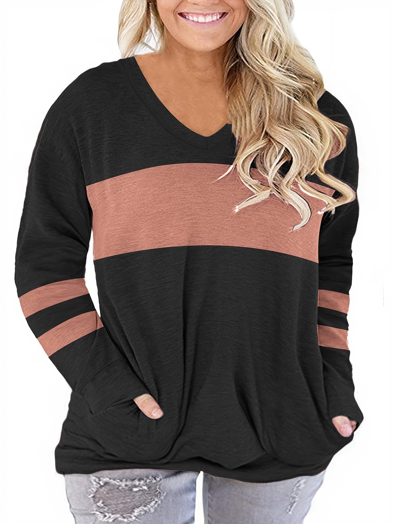 plus size casual top womens plus colorblock long sleeve v neck top with pockets details 32