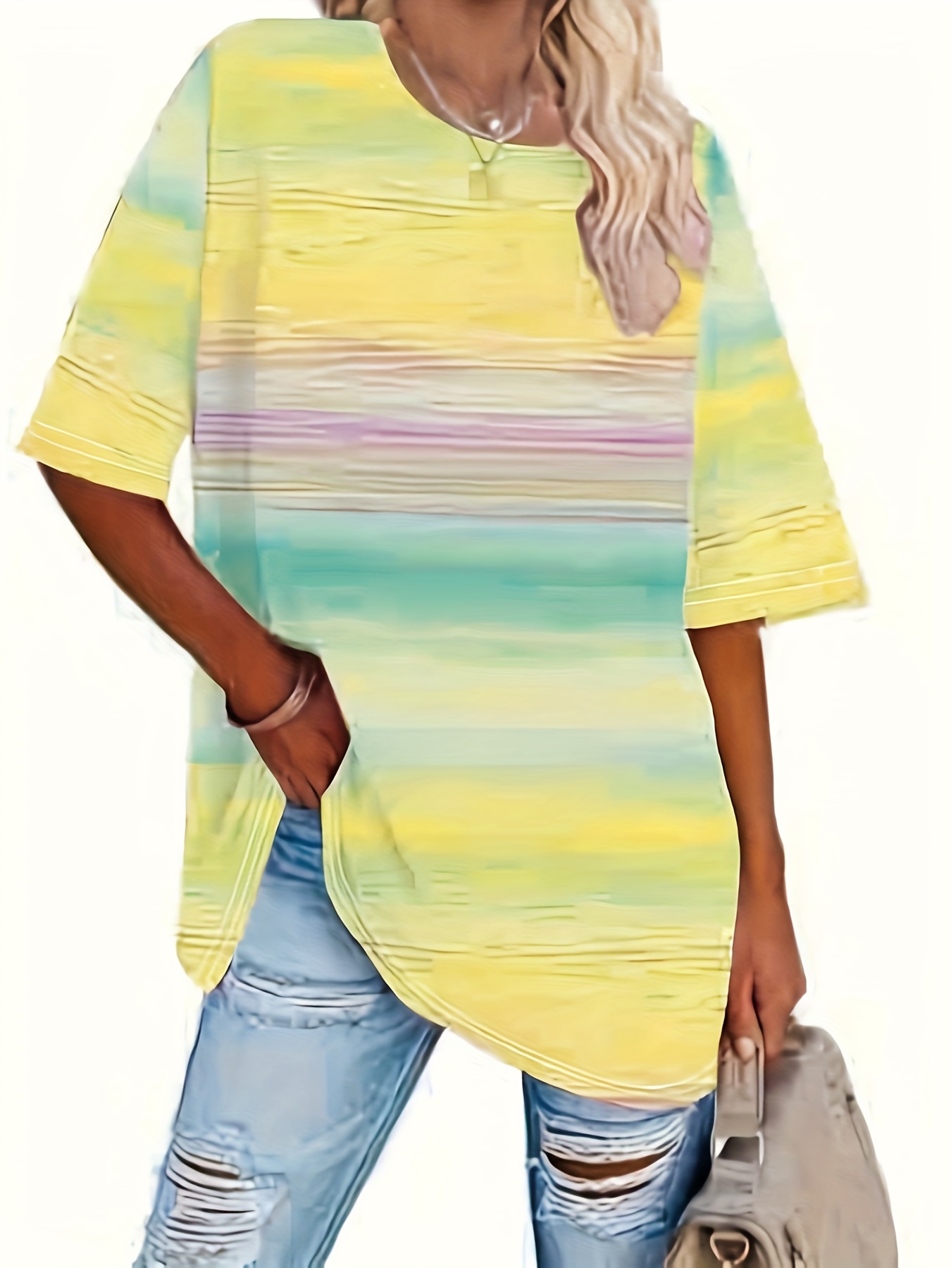 plus size ombre colorblock top casual crew neck short sleeve top womens plus size clothing details 3