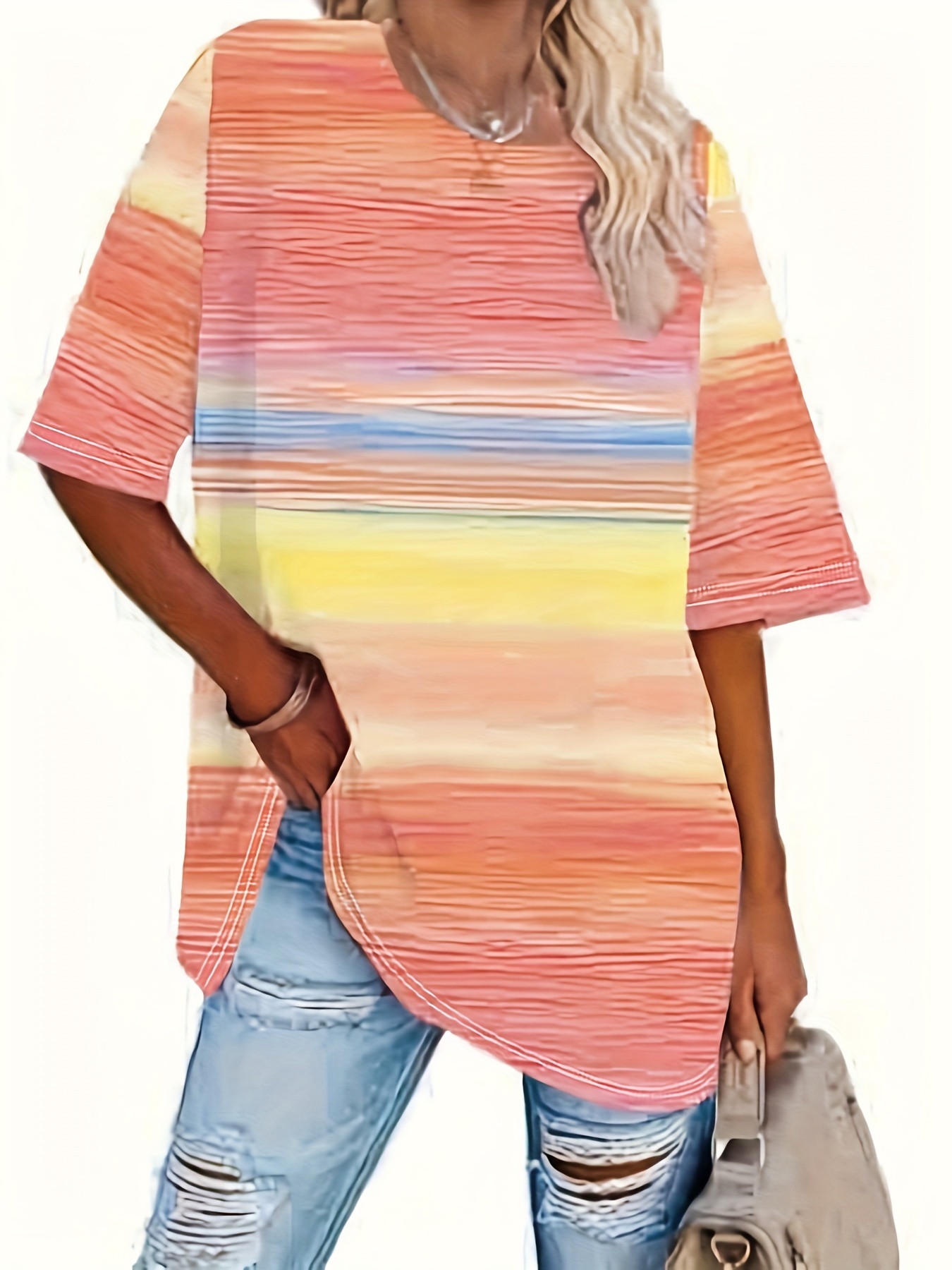 plus size ombre colorblock top casual crew neck short sleeve top womens plus size clothing details 12