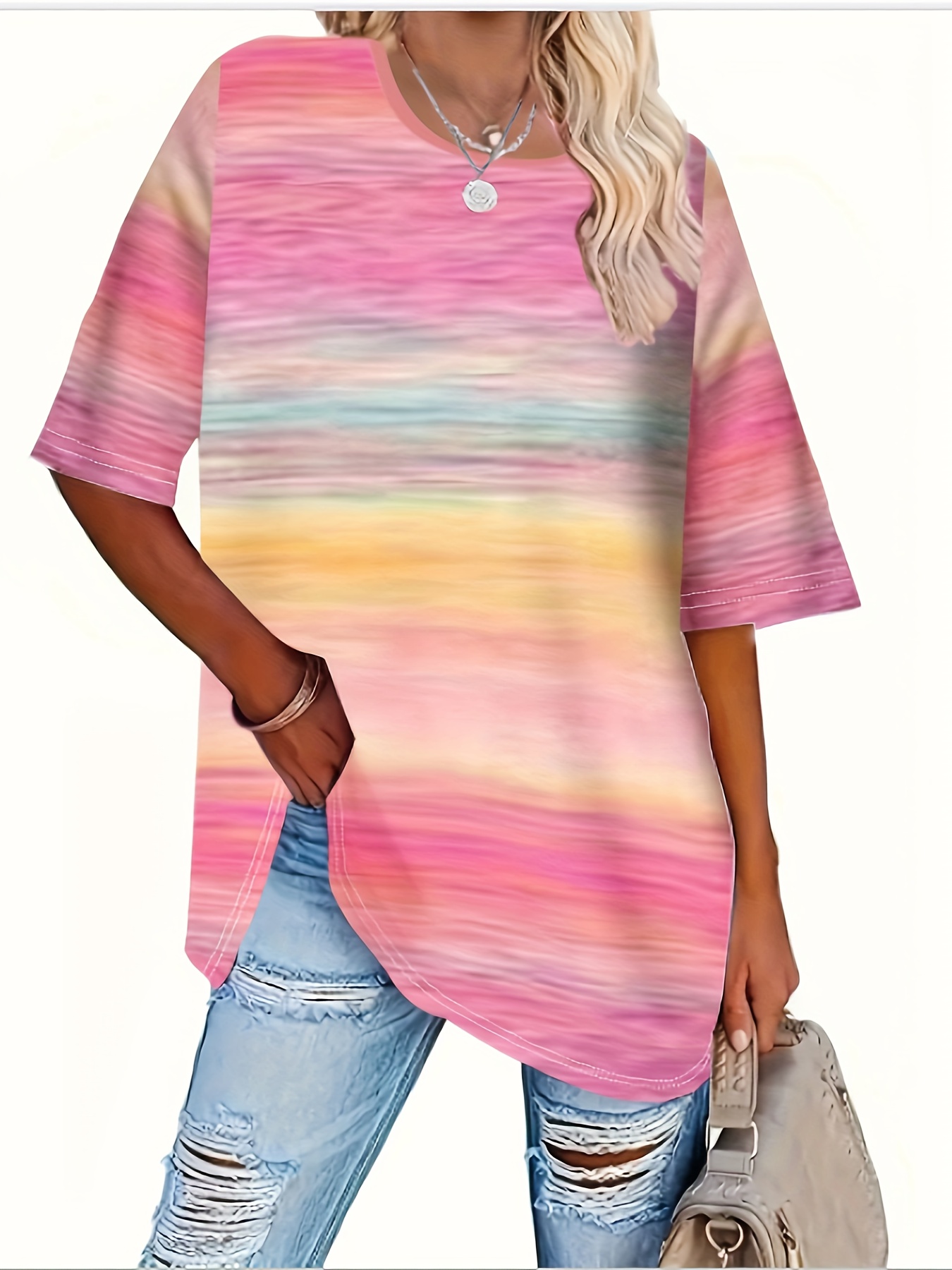 plus size ombre colorblock top casual crew neck short sleeve top womens plus size clothing details 16