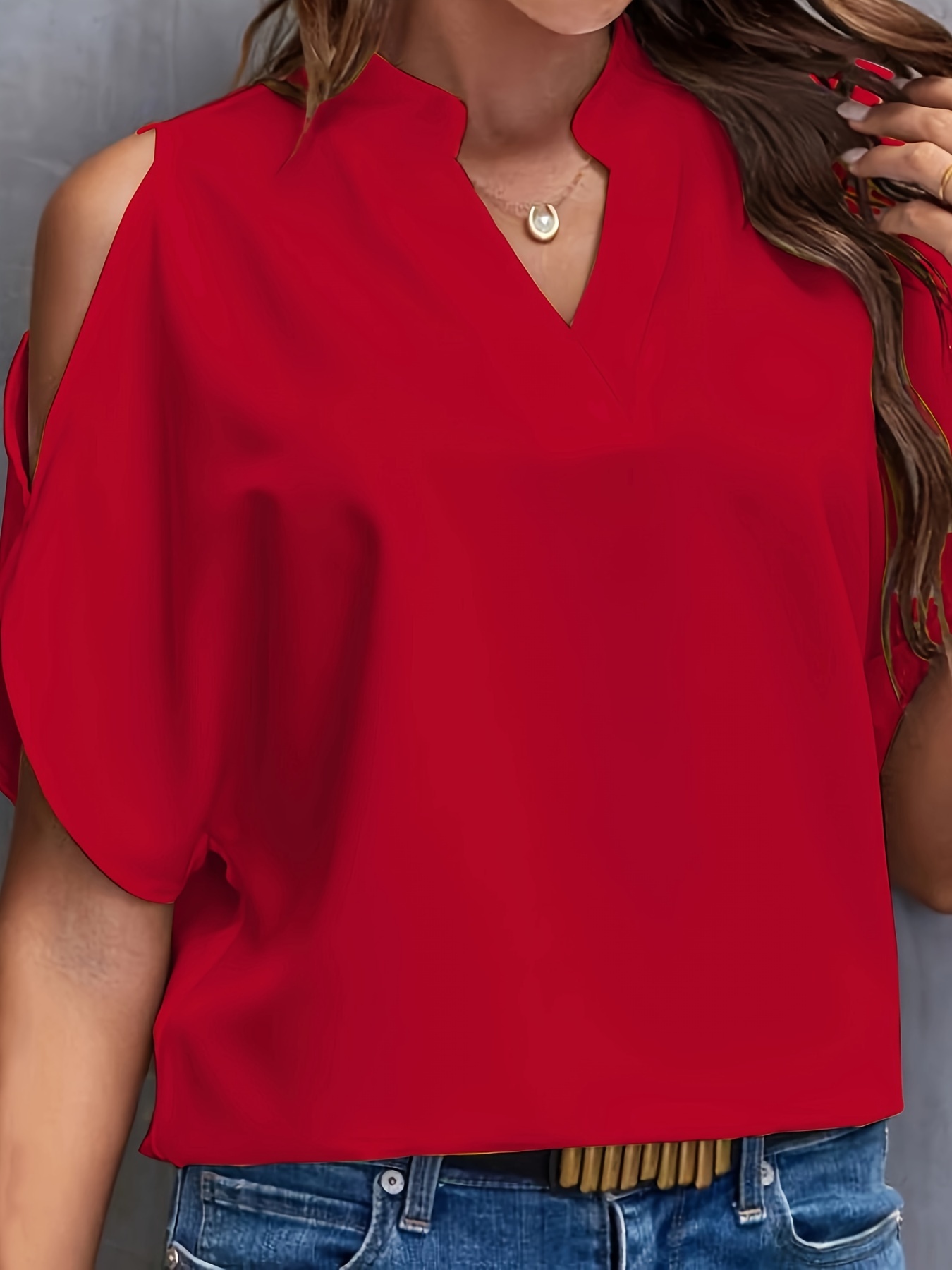 plus size cold shoulder notch neck top casual short sleeve top for spring summer womens plus size clothing details 16