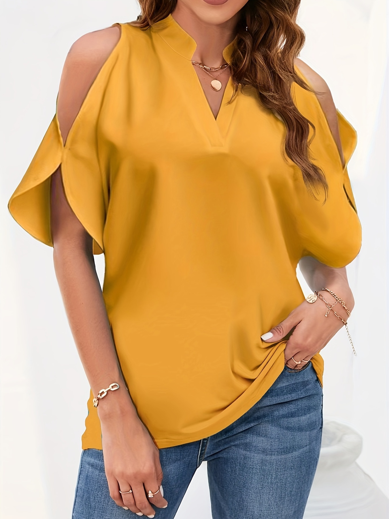 plus size cold shoulder notch neck top casual short sleeve top for spring summer womens plus size clothing details 21