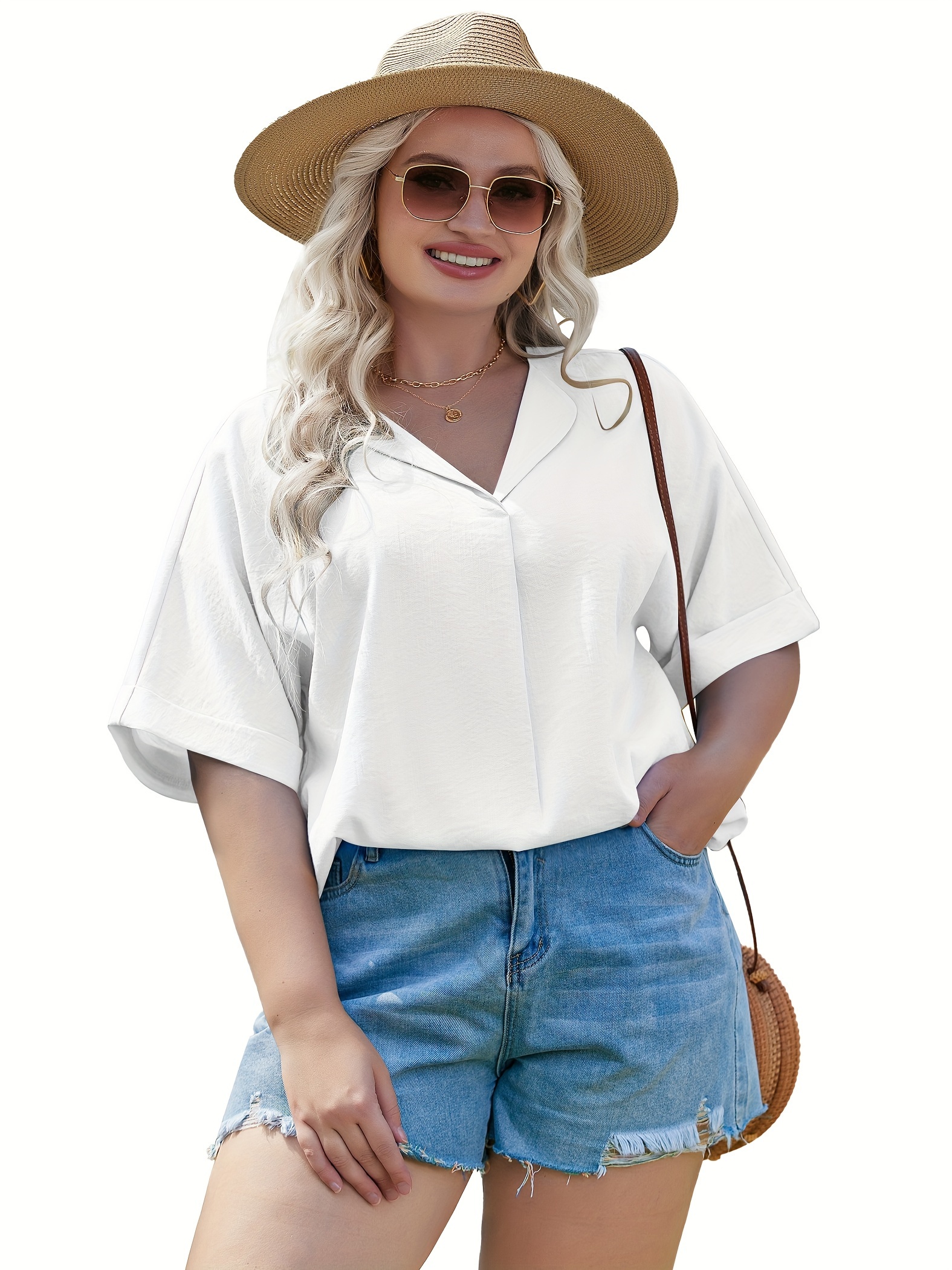 womens plus size blouse v neck shirt short sleeve casual formal summer office tops details 0