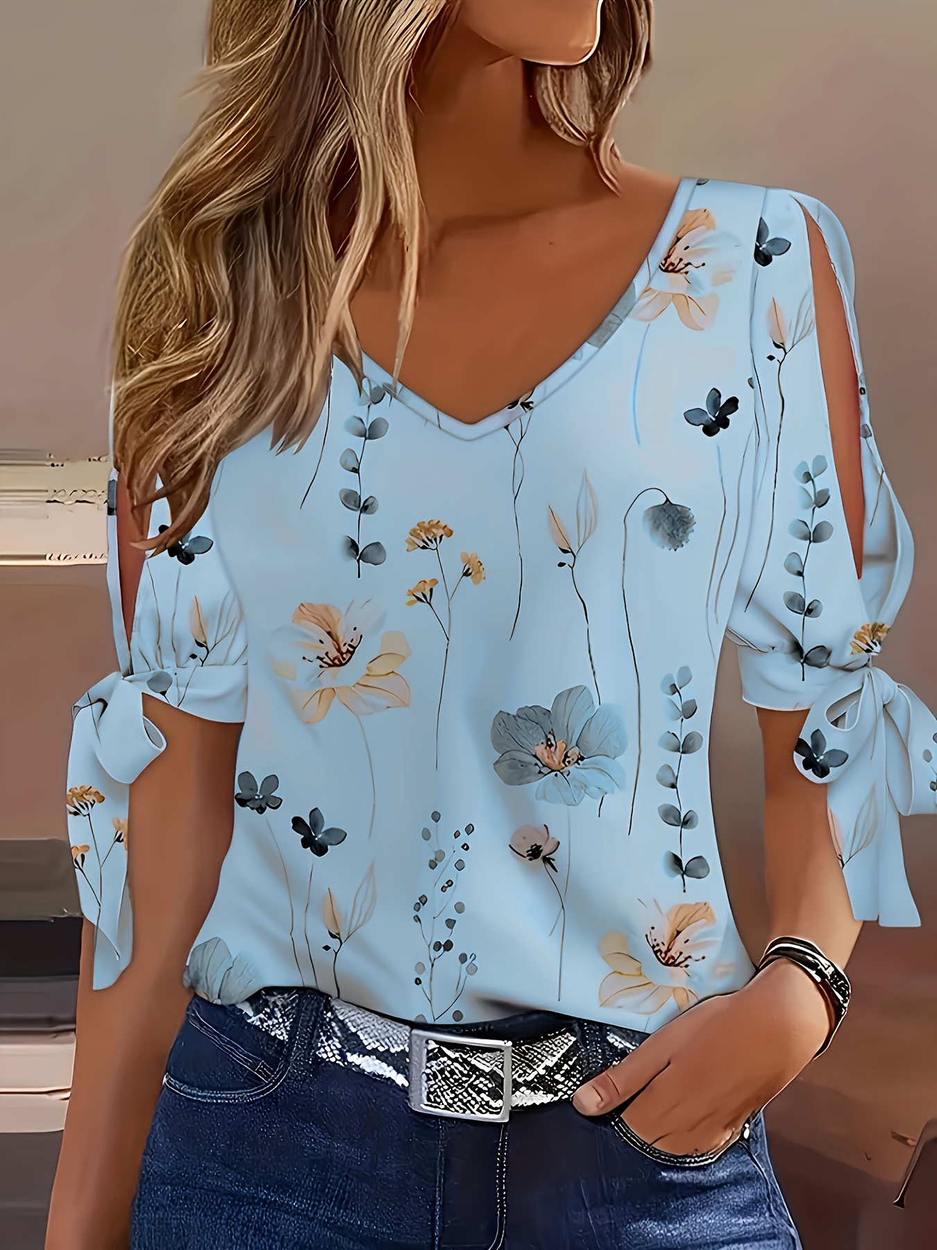 plus size floral print v neck t shirt casual tied cuff short sleeve top for spring summer womens plus size clothing details 0