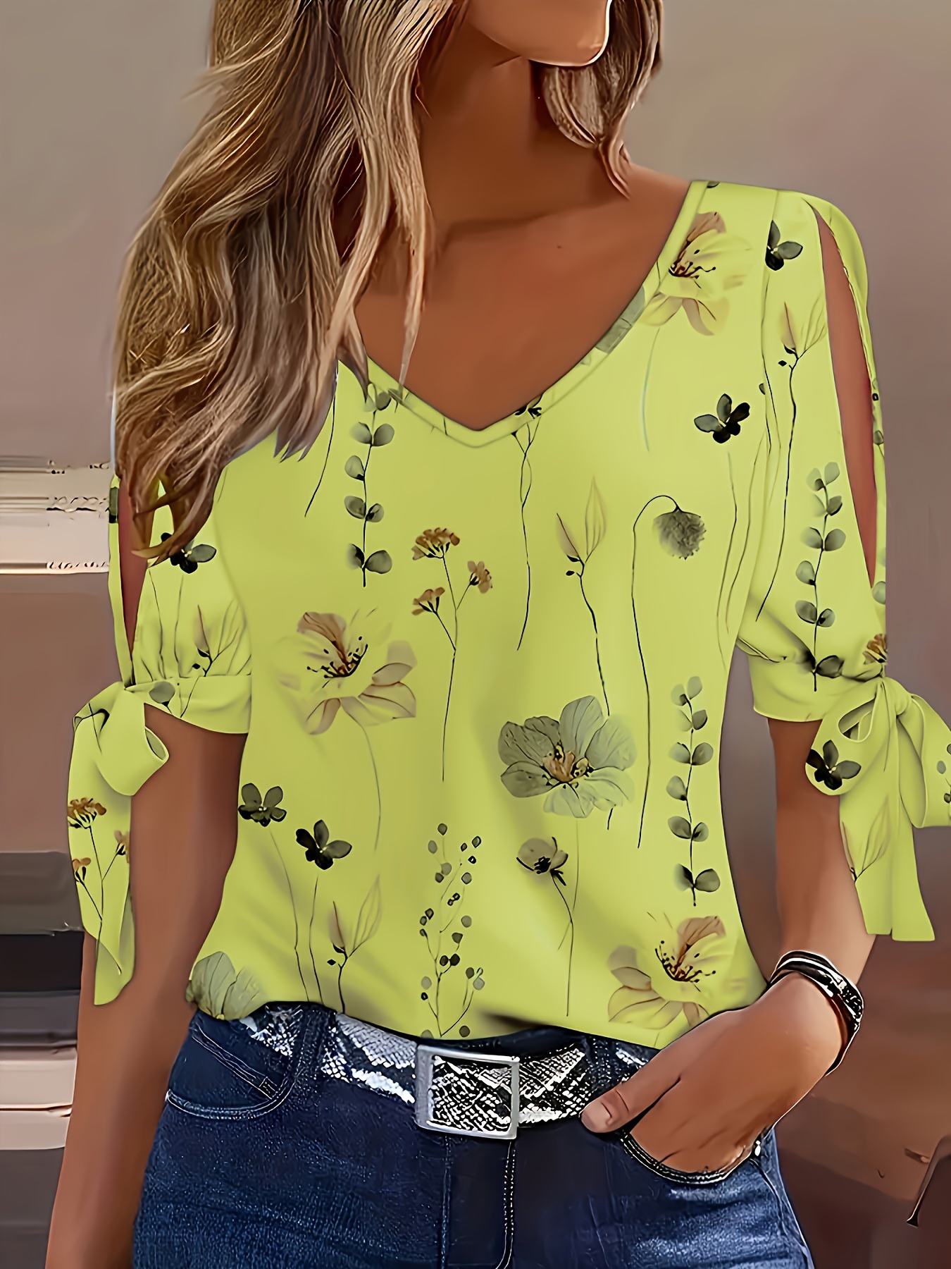 plus size floral print v neck t shirt casual tied cuff short sleeve top for spring summer womens plus size clothing details 3