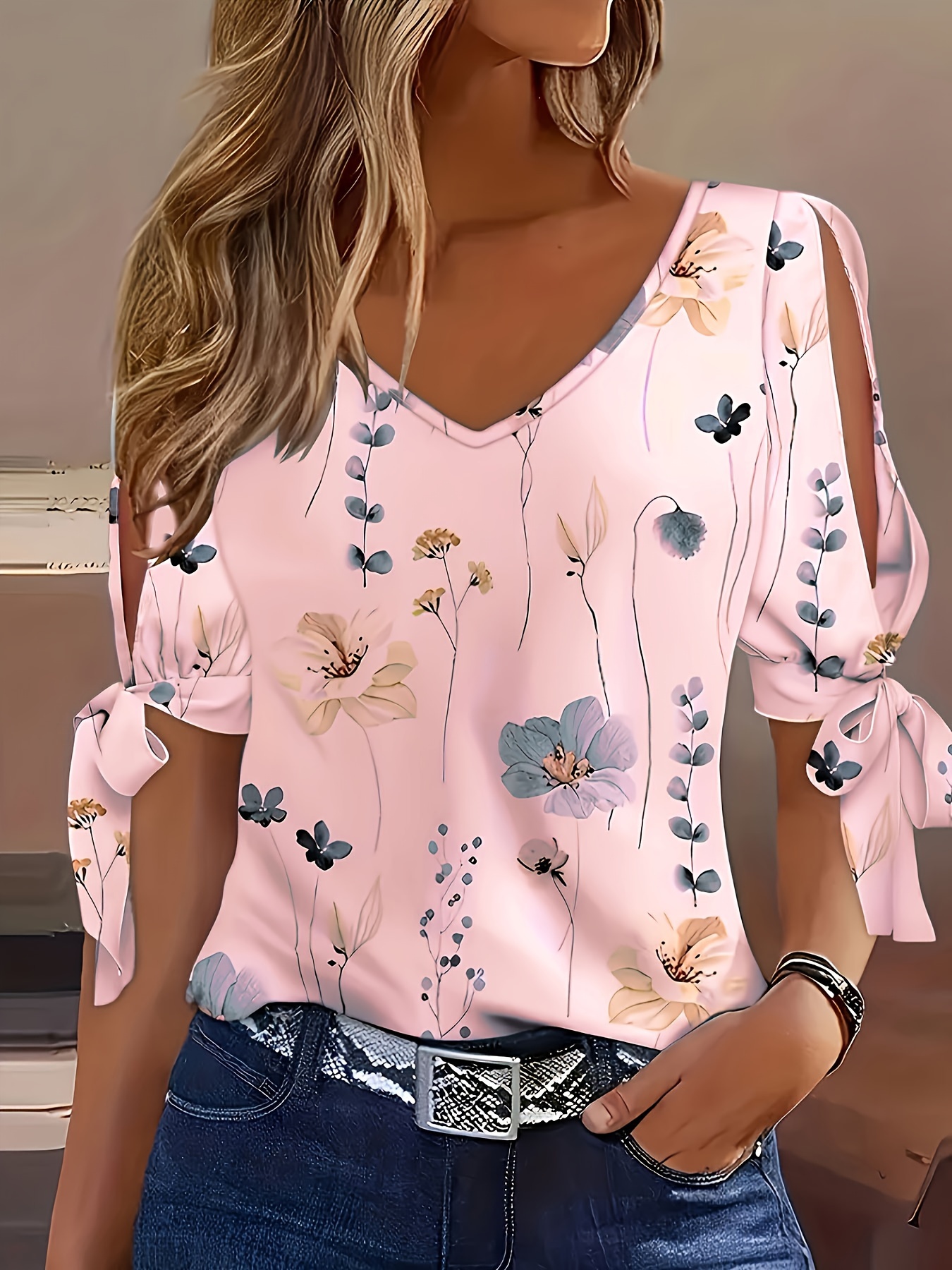 plus size floral print v neck t shirt casual tied cuff short sleeve top for spring summer womens plus size clothing details 6