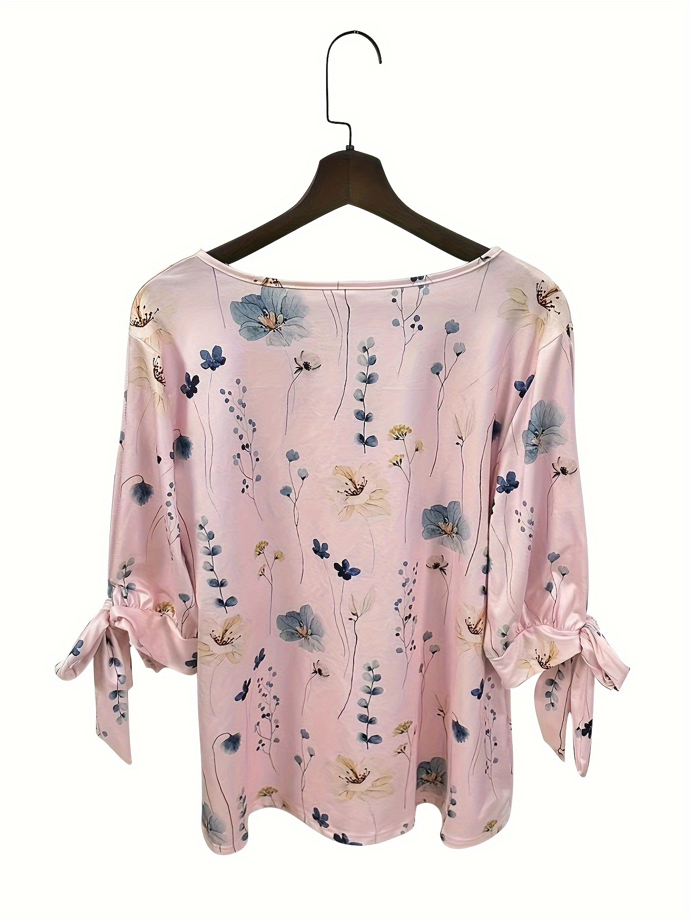 plus size floral print v neck t shirt casual tied cuff short sleeve top for spring summer womens plus size clothing details 7