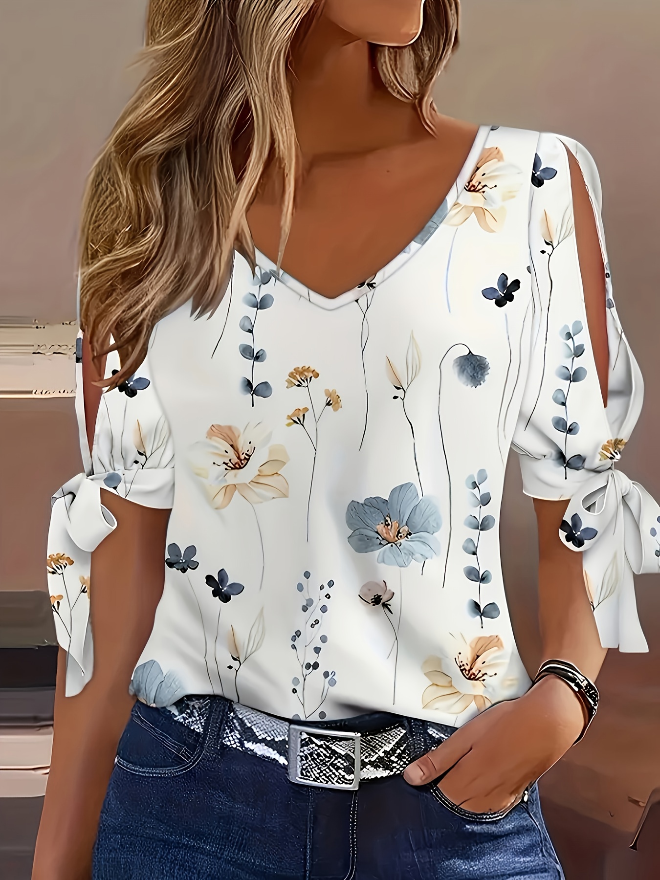 plus size floral print v neck t shirt casual tied cuff short sleeve top for spring summer womens plus size clothing details 10