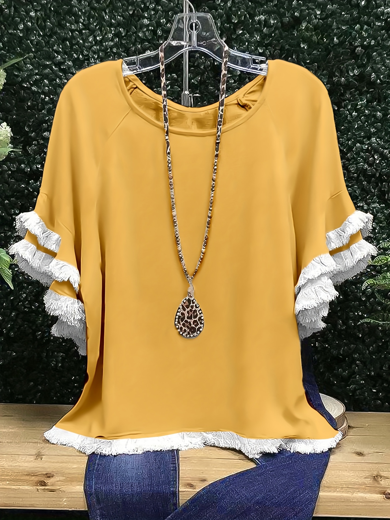 plus size boho t shirt womens plus leopard print layered sleeve fringe trim crew neck tee details 46