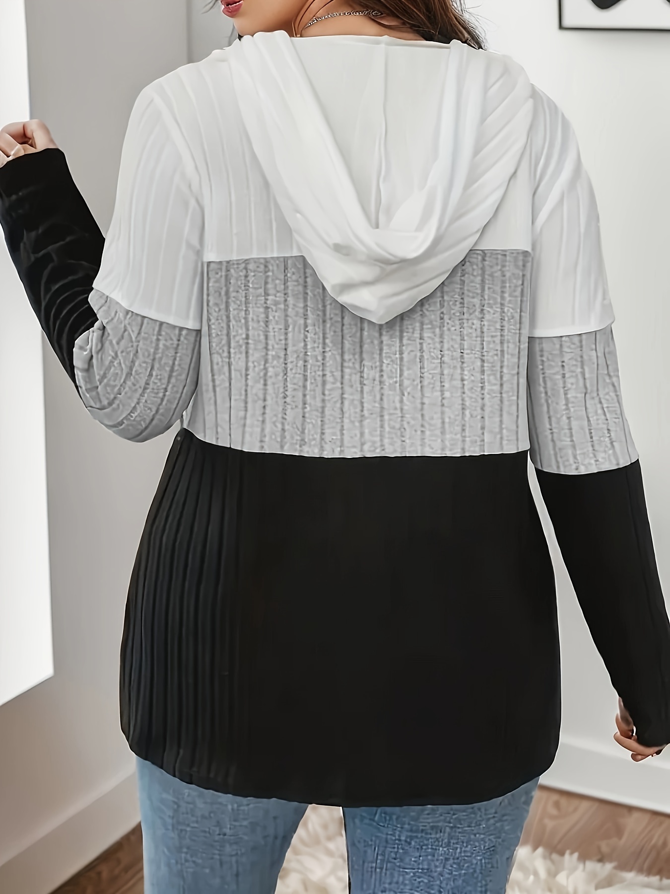 plus size colorblock striped top casual zip front long sleeve hooded top womens plus size clothing details 2