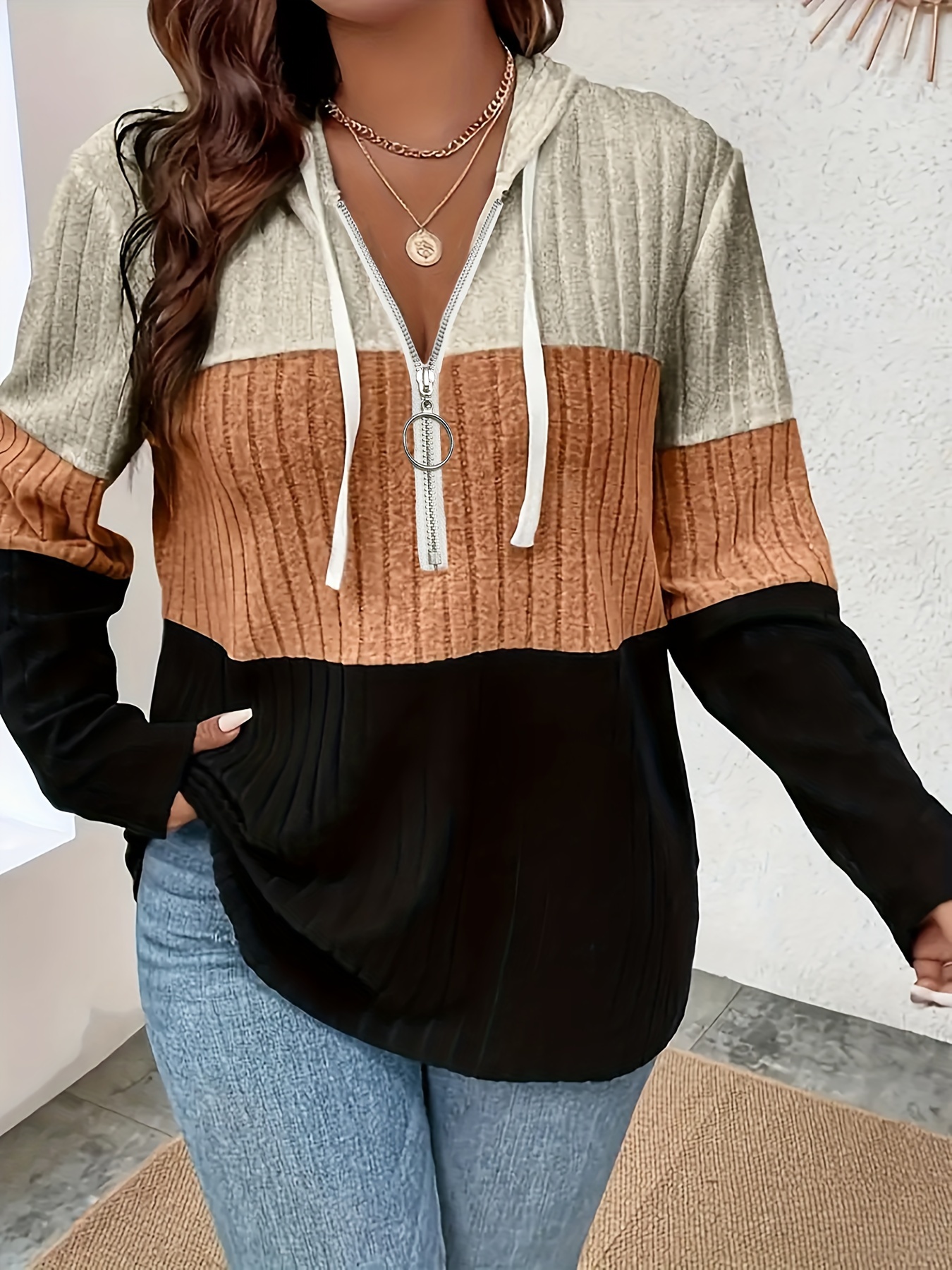 plus size colorblock striped top casual zip front long sleeve hooded top womens plus size clothing details 5