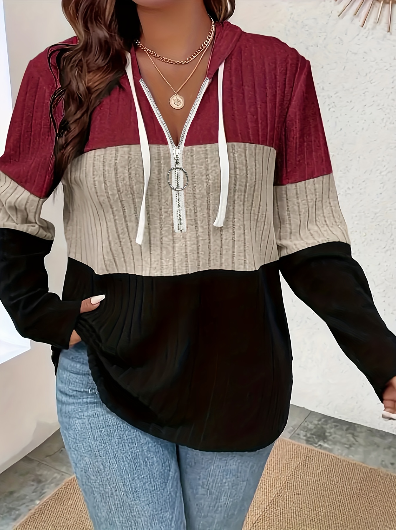 plus size colorblock striped top casual zip front long sleeve hooded top womens plus size clothing details 8