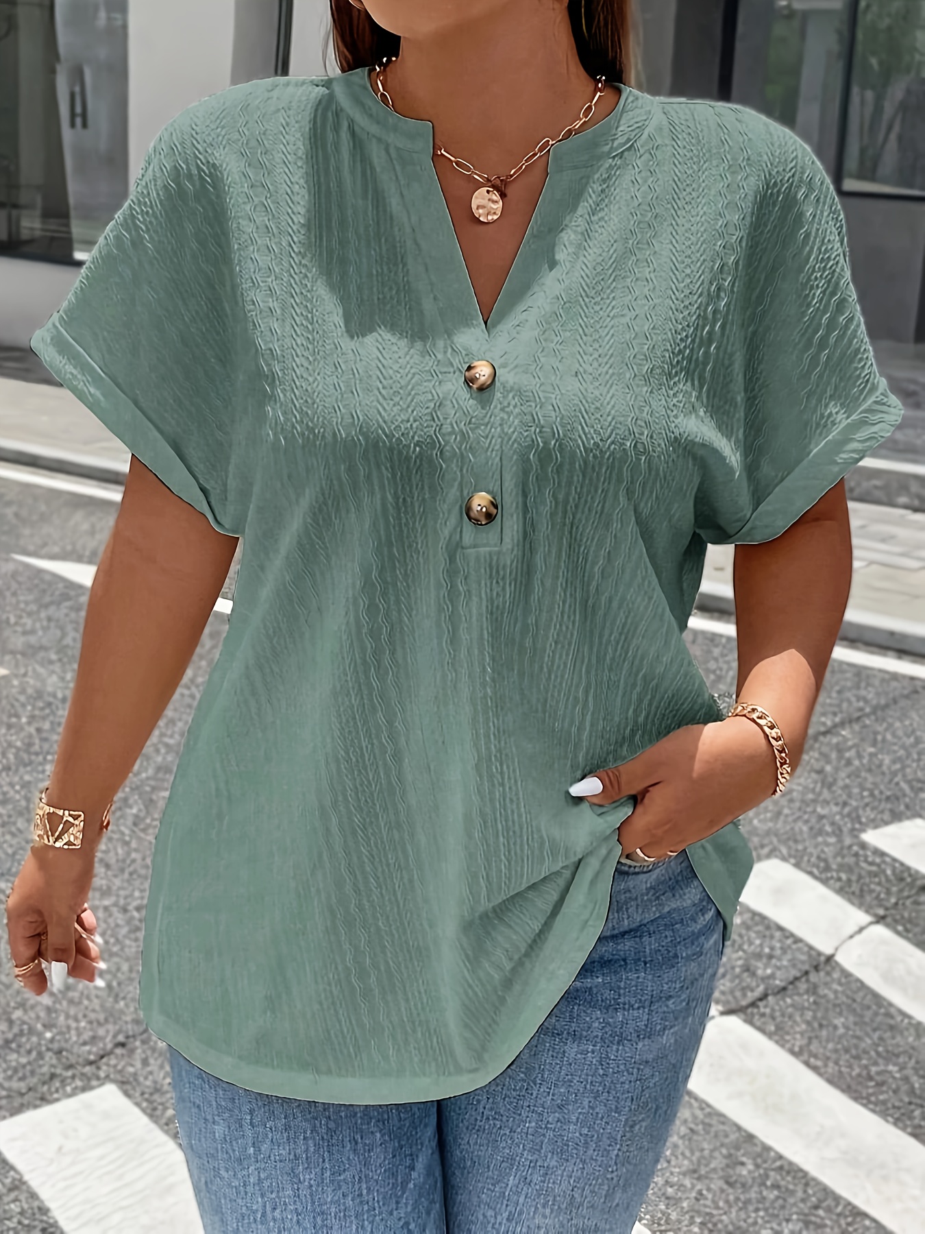 plus size solid textured t shirt casual v neck short sleeve t shirt womens plus size clothing details 4