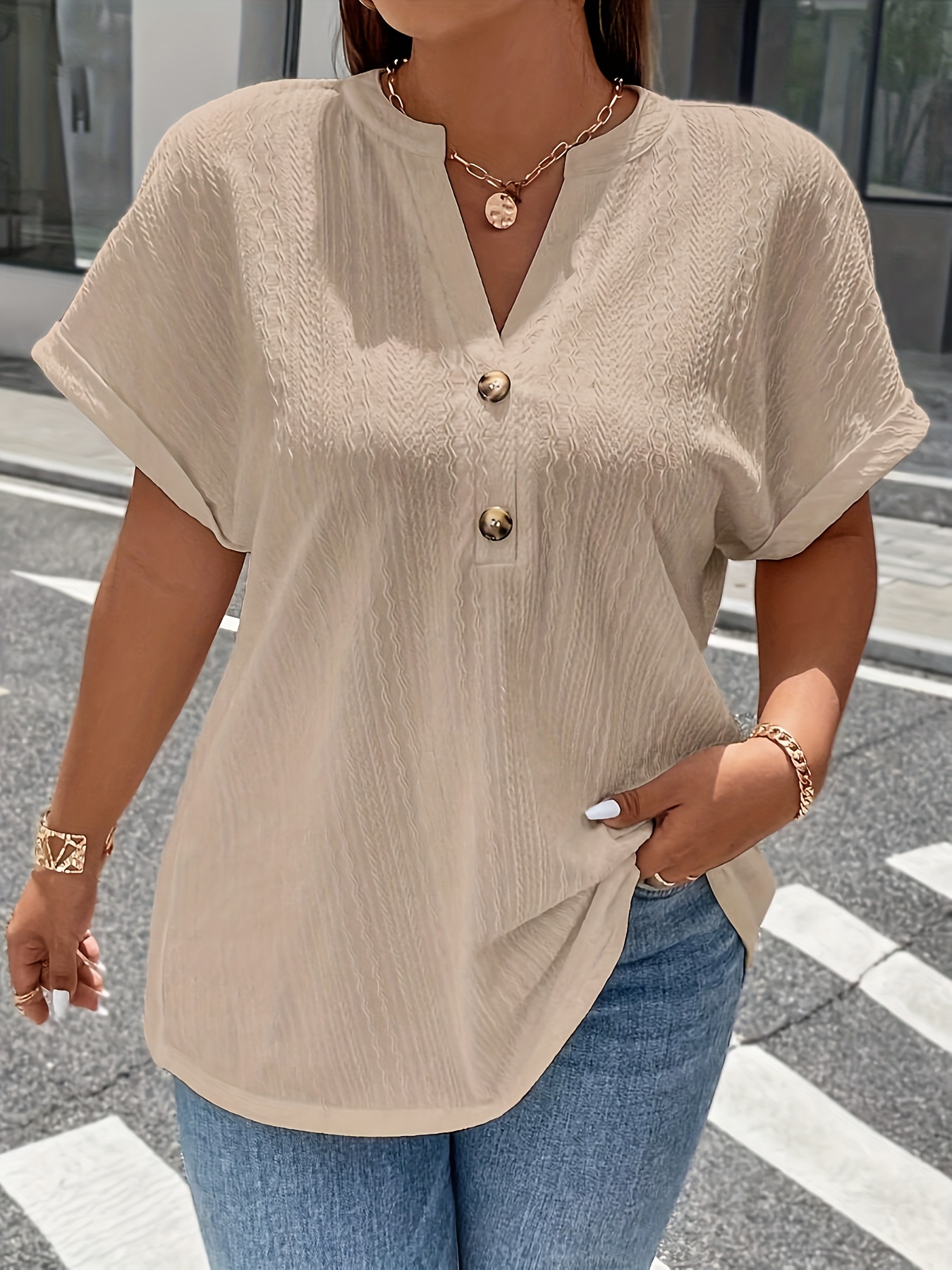 plus size solid textured t shirt casual v neck short sleeve t shirt womens plus size clothing details 7