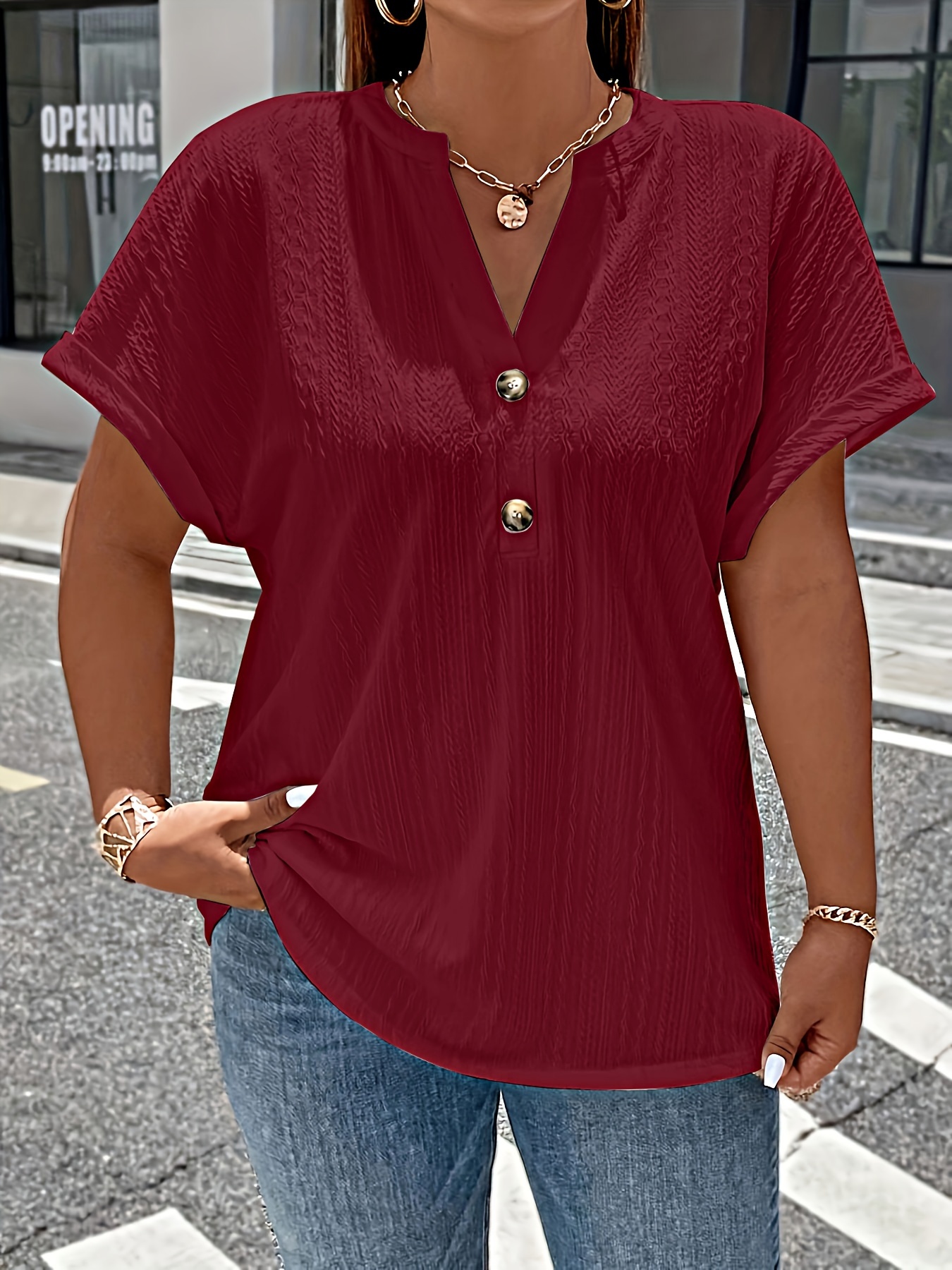 plus size solid textured t shirt casual v neck short sleeve t shirt womens plus size clothing details 9