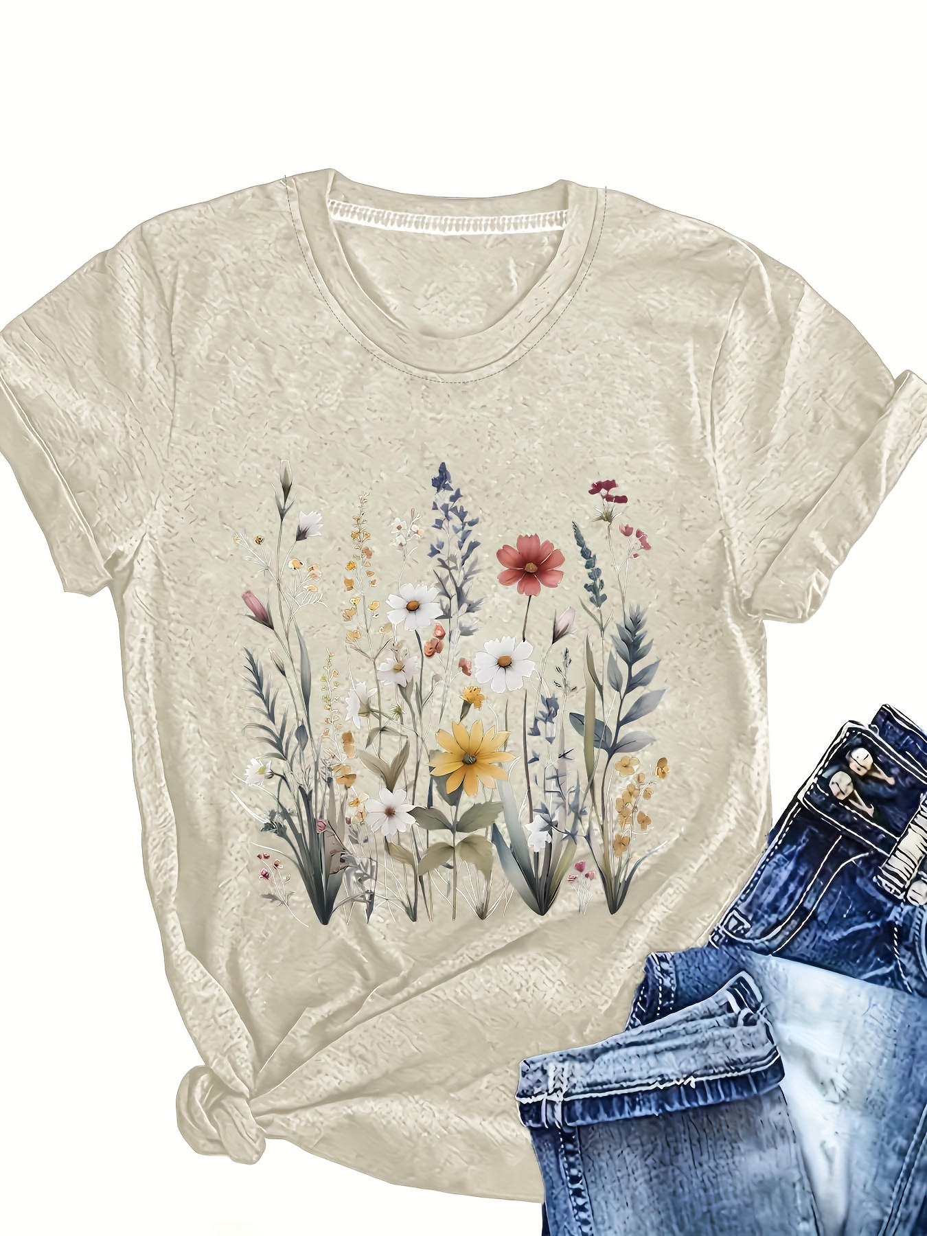 plus size flower print t shirt casual short sleeve crew neck top for spring summer womens plus size clothing details 6