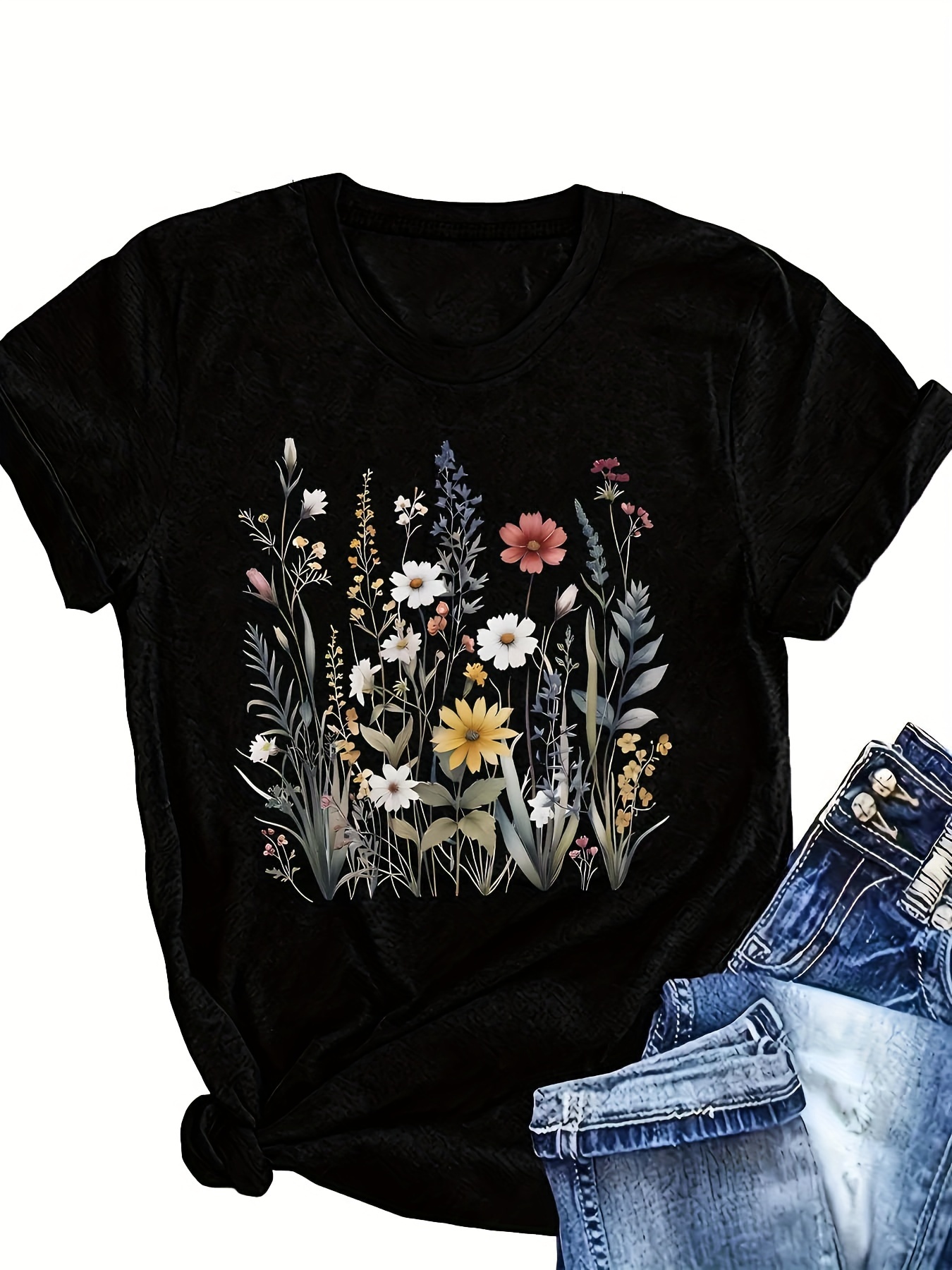 plus size flower print t shirt casual short sleeve crew neck top for spring summer womens plus size clothing details 15