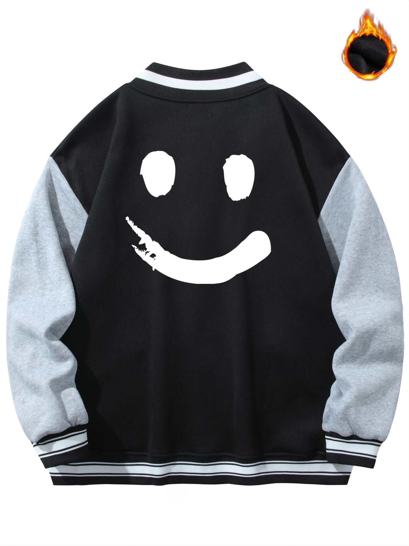 mens plus size smile face pattern color block warm fleece button varsity jaket oversized long sleeve thick thermal clothing for autumn winter for big and tall guys details 0