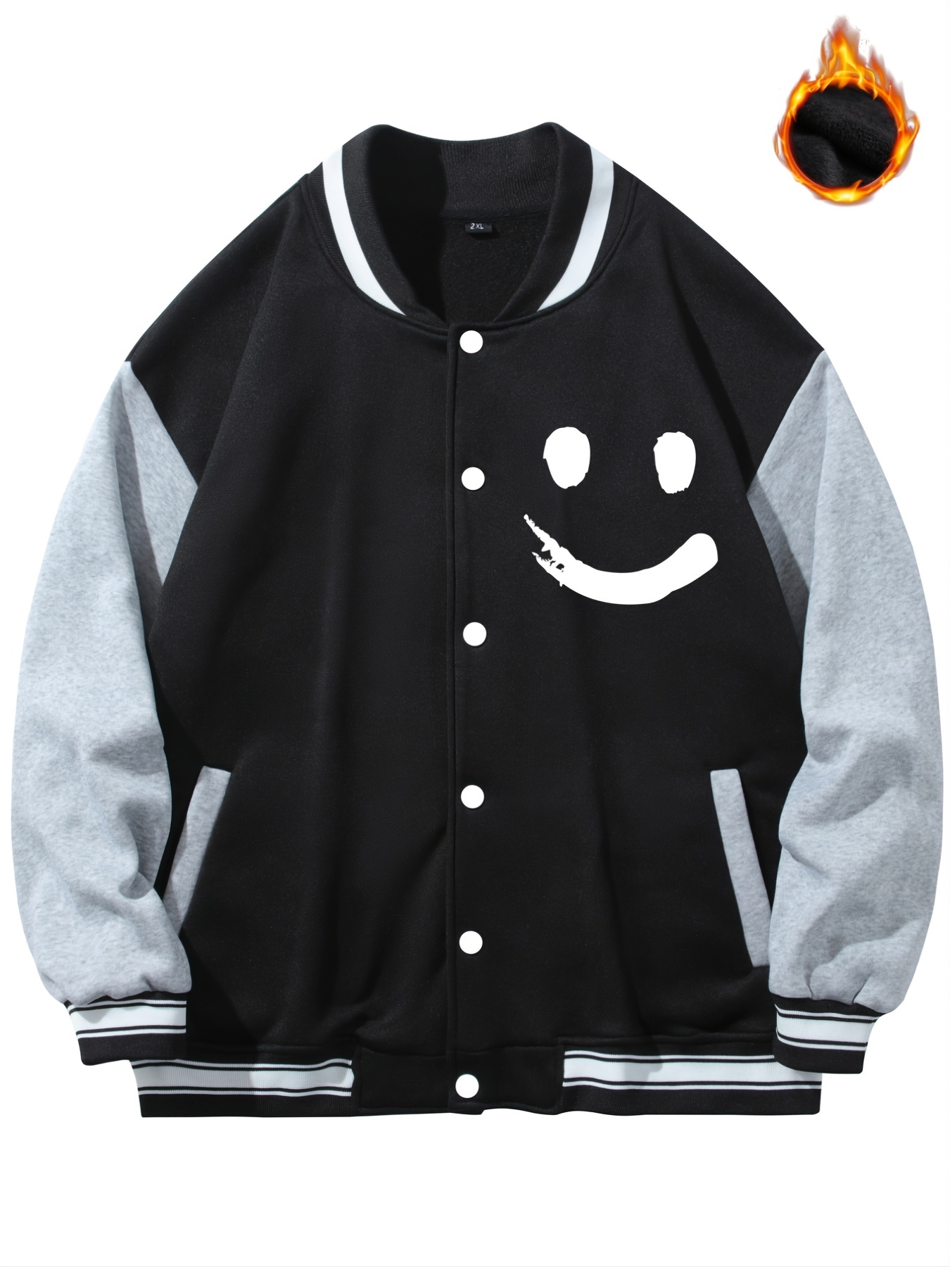 mens plus size smile face pattern color block warm fleece button varsity jaket oversized long sleeve thick thermal clothing for autumn winter for big and tall guys details 4