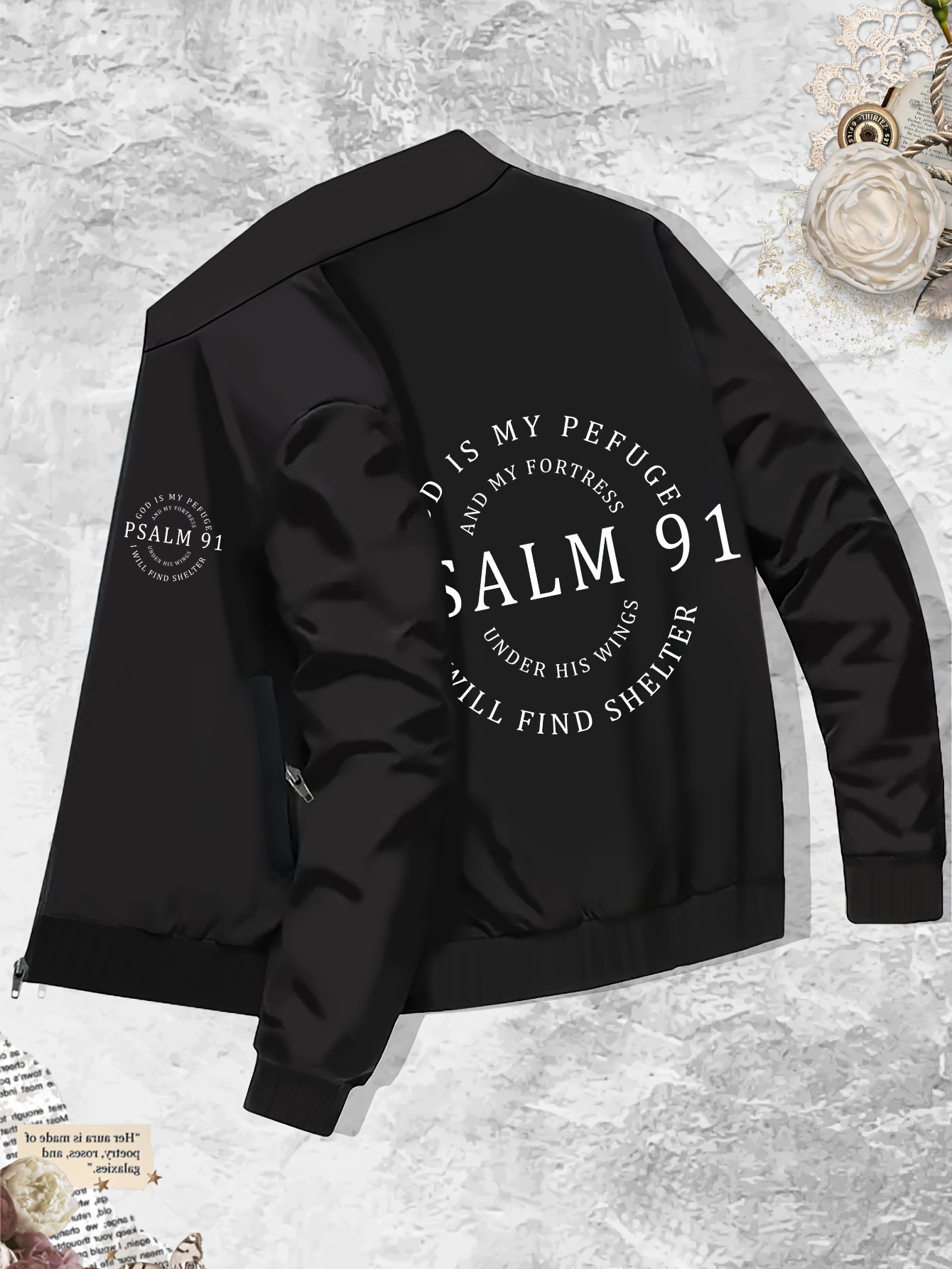 plus size mens casual bomber jacket psalm 91 print stand collar zipper pockets trendy college style outerwear details 11