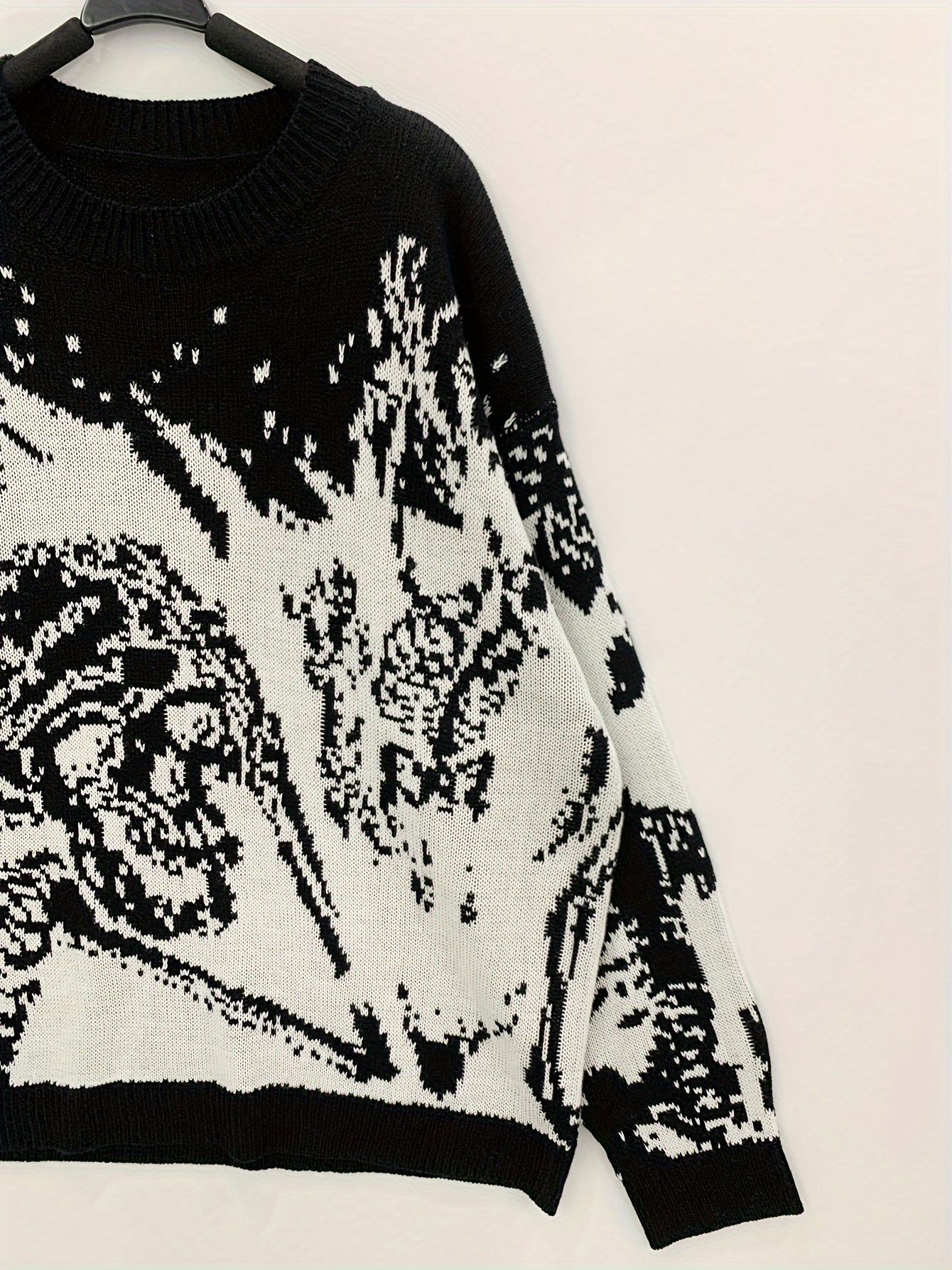 plus size mens animal skeleton print knit sweater for spring fall winter k pop details 7