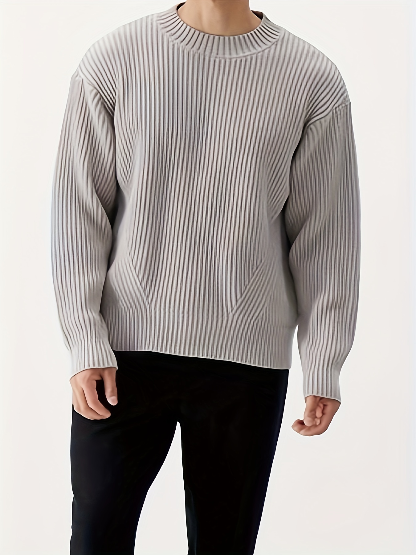 plus size mens solid textured knit tops fashion casual long sleeve pullover for fall winter mens clothing details 0